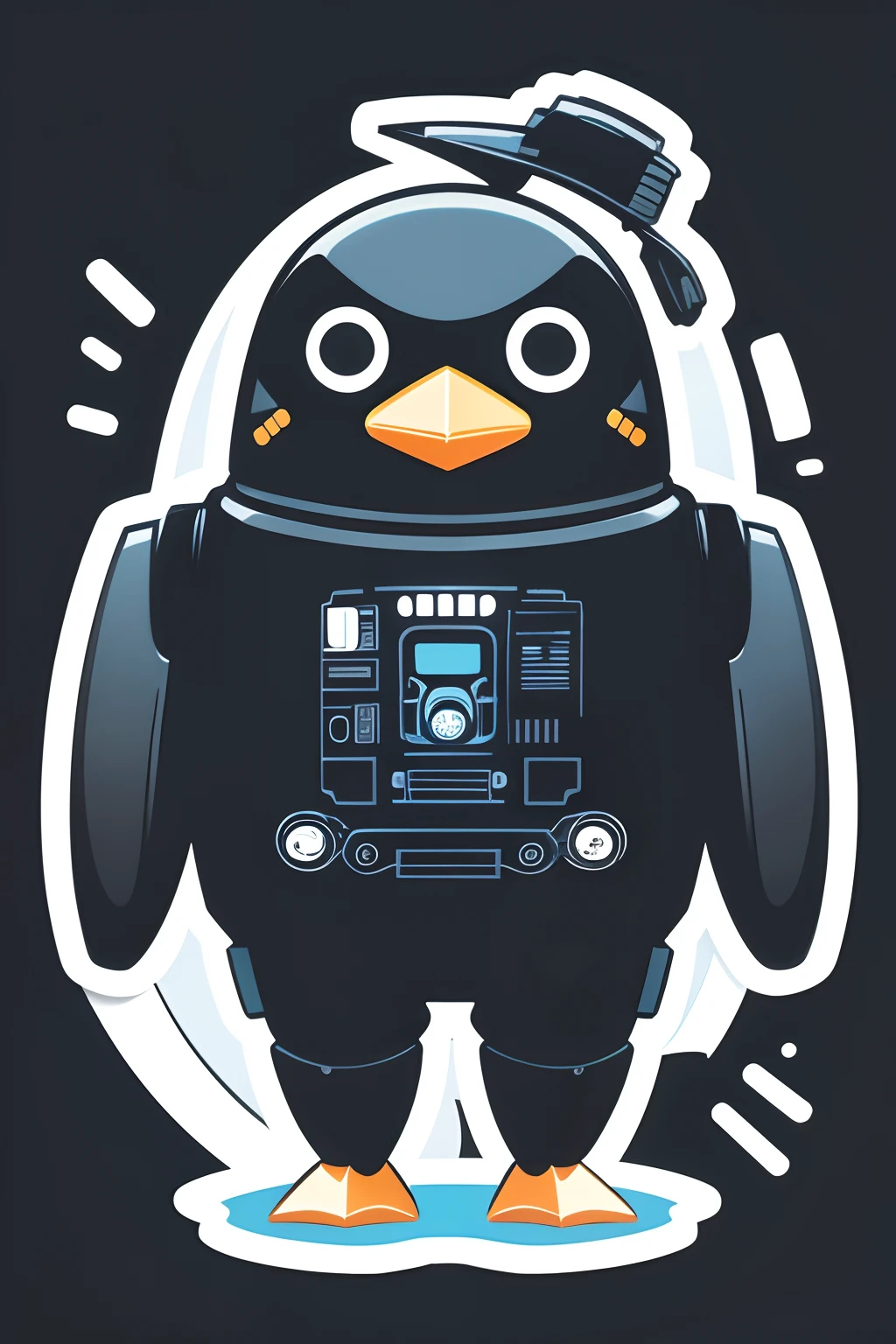 Illustration of robot penguin isolated on black background、a sticker、Bold outline style、Dark shading