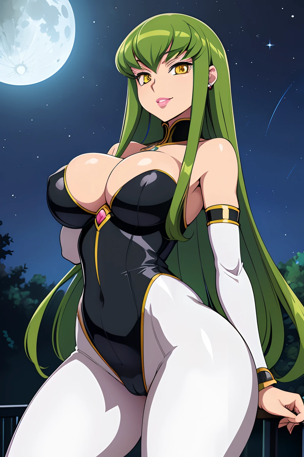 Code Geass, C.C, 1girl, (((bimbo))), long green hair, yellow eyes, ear rings, puffy lips, painted lips, thick lips, wide hips, thick thighs, small round breast, huge ass, revealing cleavage, erotic, Smile face, bubble butt, camel toe, Breasts, white suit, hand signs, posing, night time, moon