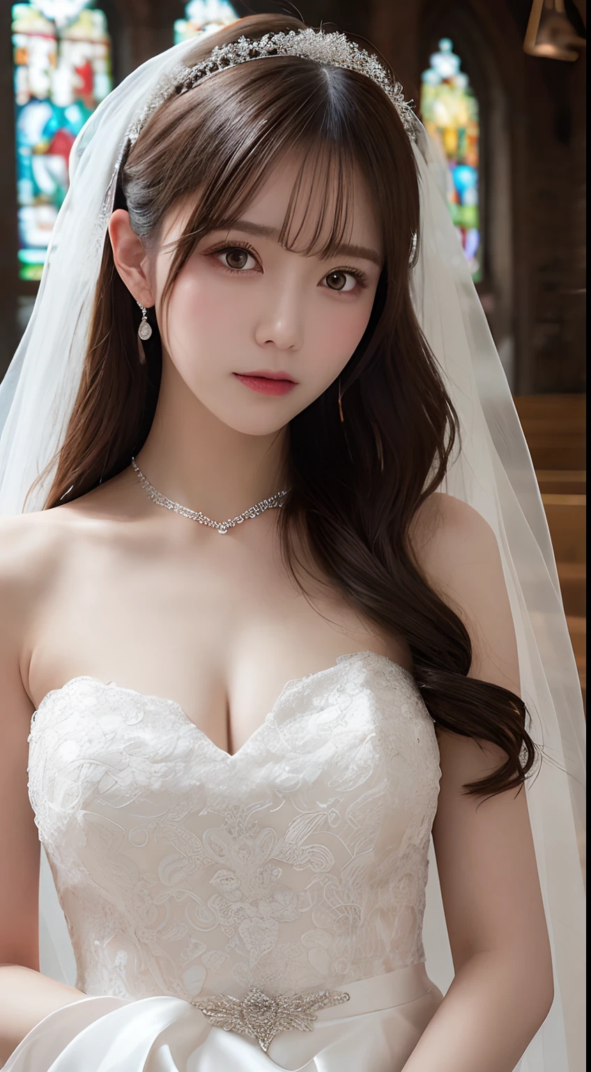 Beautiful bride,Head flower,headdress,(Bandeau wedding dress:1.5),(Silk dress:1.2),dress,necklace,earring,huge tit,Neck ornaments,Deep V peach heart collar wedding dress,Liuhai,Bouquet,mitts,Bridal veil,Transparent veil,Bust photo,(Strapless wedding dress:1.5),full bodyesbian,lipstick
