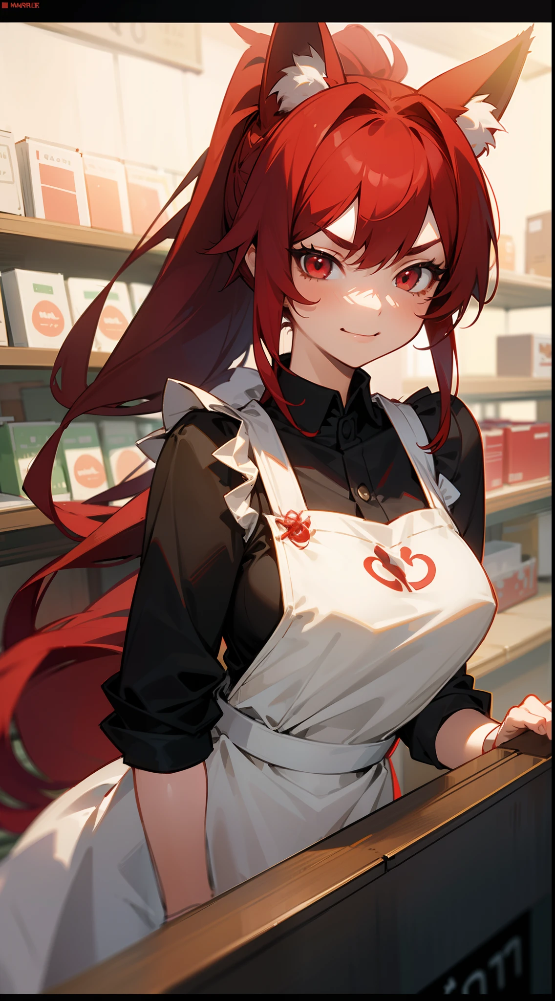 1girl ,20s,serious face,matket outfit,apron,medium tits,red hair,long hair,ponytail,red eyes,fox ears,working in a market with shelves around,front counter,smile