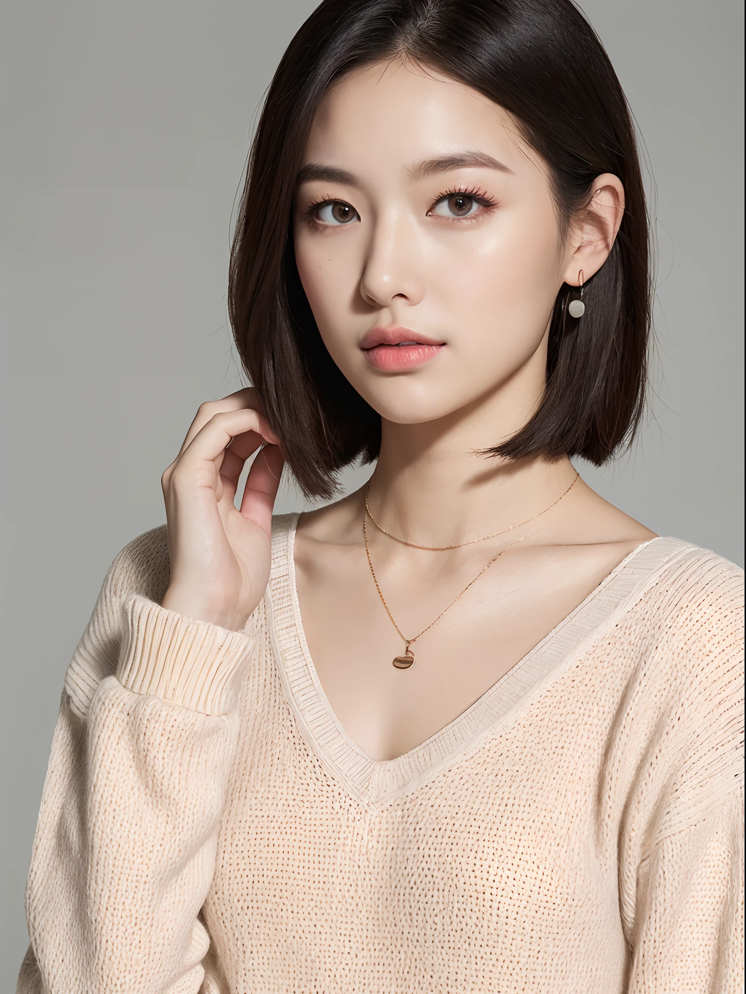 top-quality:1.3、​masterpiece、hight resolution、［1 girl in］、｛独奏｝、fully body photo、((Photorealsitic):1.1)、Real person、mascara, ,(Textured skin, Skin pores:1.1), (Imperfect skin:1.1) intricate detailes, (Unripe, 8K:1.2), Detailed skin、japanes、thin bunches of bangs、bob、Sweat knitwear、catchlight、piercings、a necklace、white walls