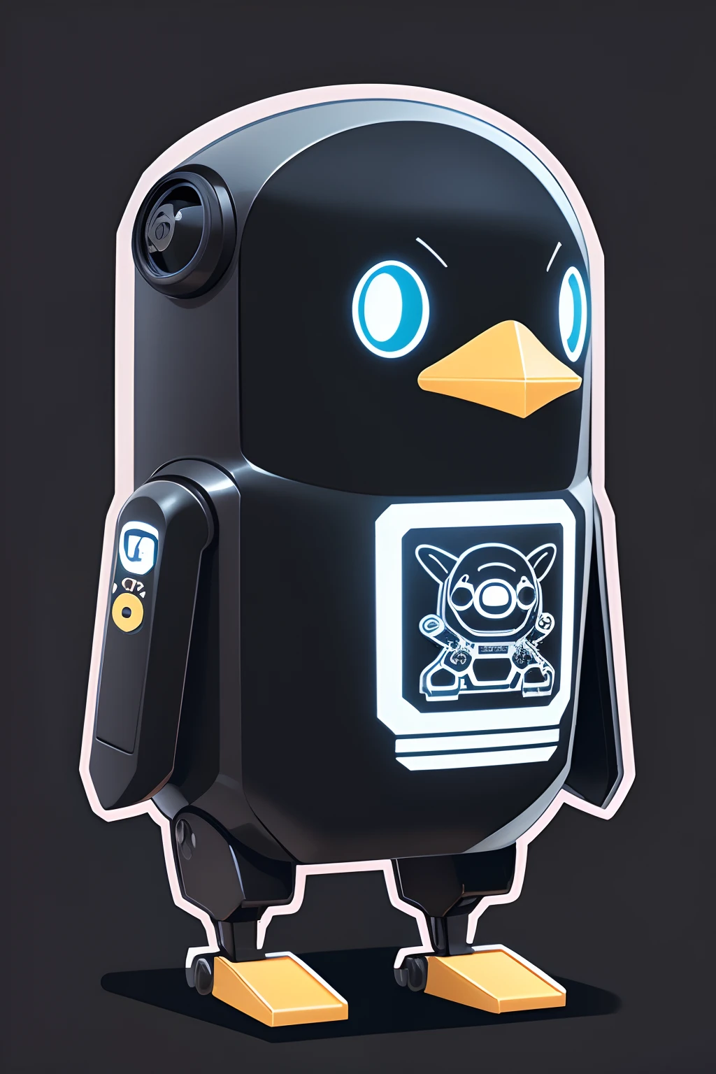Illustration of robot penguin isolated on black background、a sticker、Bold outline style、Dark shading
