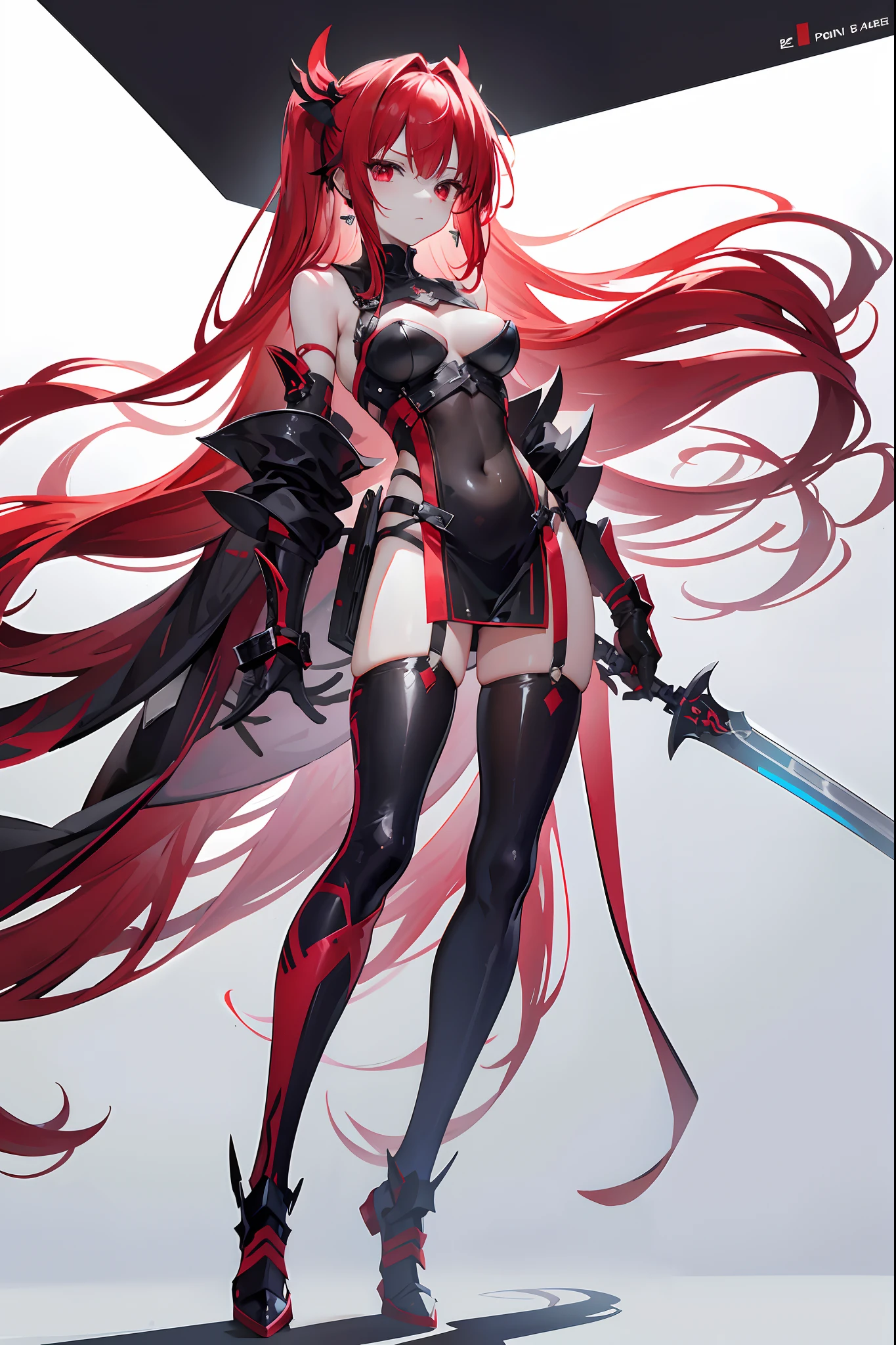 poneyTail、Sexy and revealing armor、full body Esbian、long red hair、Red Eyes、Black Armor、Great sword、s Armor、sexy armor、Aggressive face、Beautuful Women、Outrageous resolution isolated on white background、masutepiece++,top-quality++,ultra-defined++, ultra-defined++,4K++,8K++,