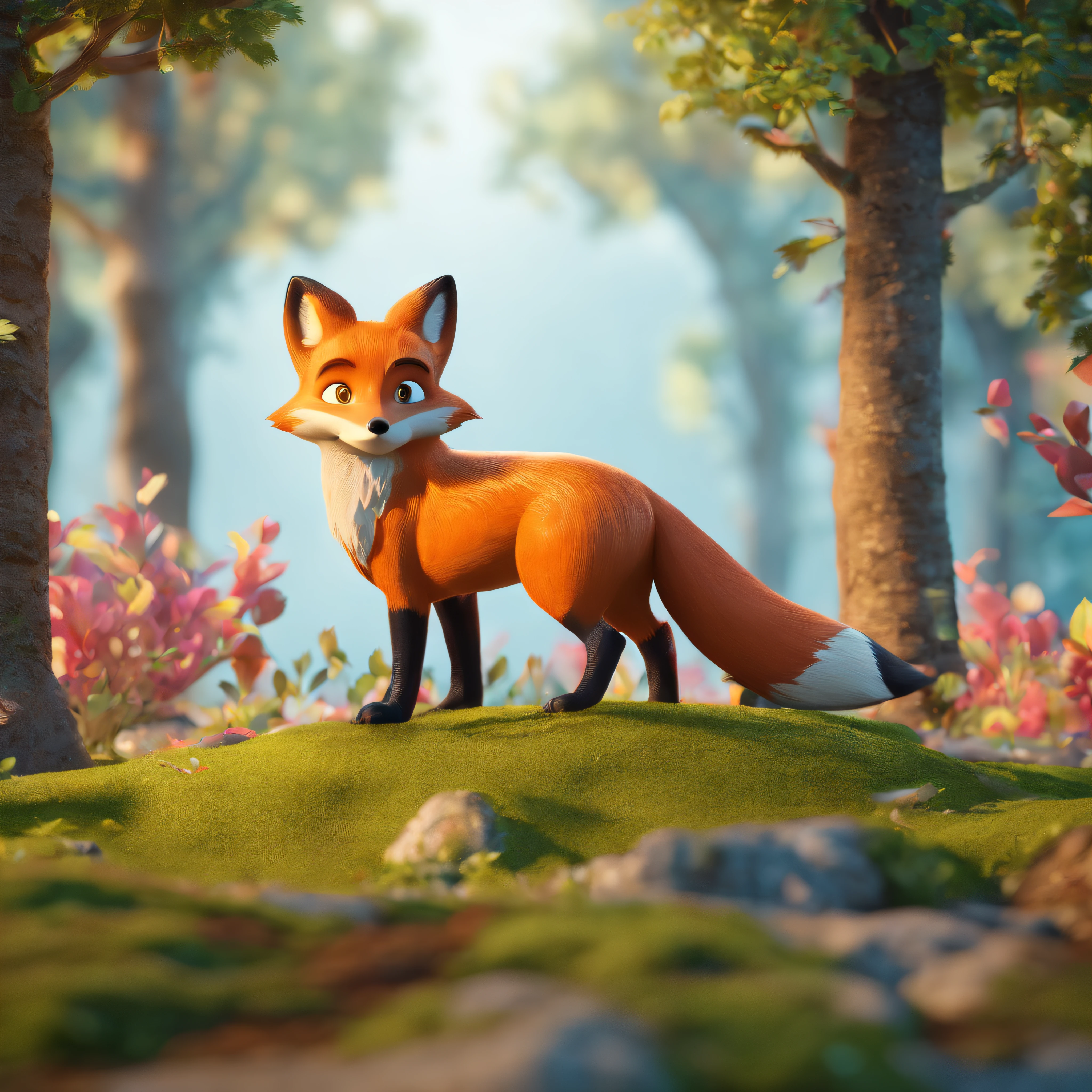 Create a scene where the fox is proudly showcasing its cleverness to the other forest animals. Make sure to emphasize the fox's confidence and arrogance, style Disney.