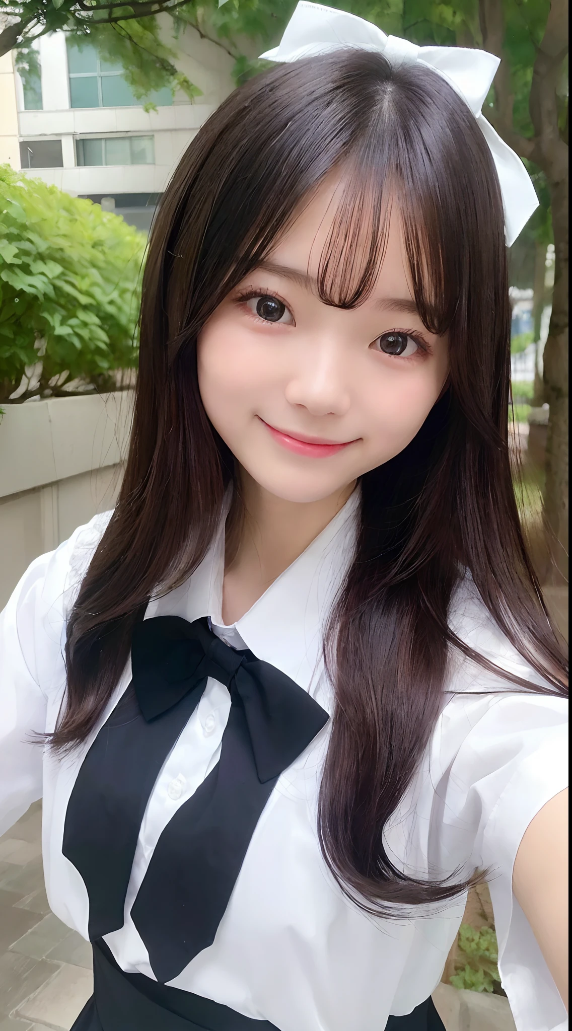 (Best Quality, 8K, 32K, masutepiece, nffsw:1.2),Hyper Detail Hair,Photo of Pretty Japanese girls,1girl in,18year old,japanaese girl,(A dark-haired:1.5),School uniform,White shirt,a bow tie, (directly in front:1.2), selfee, ((Smile:1.2)),((From shoulder up:1.2)), ((up of face:1.2)),