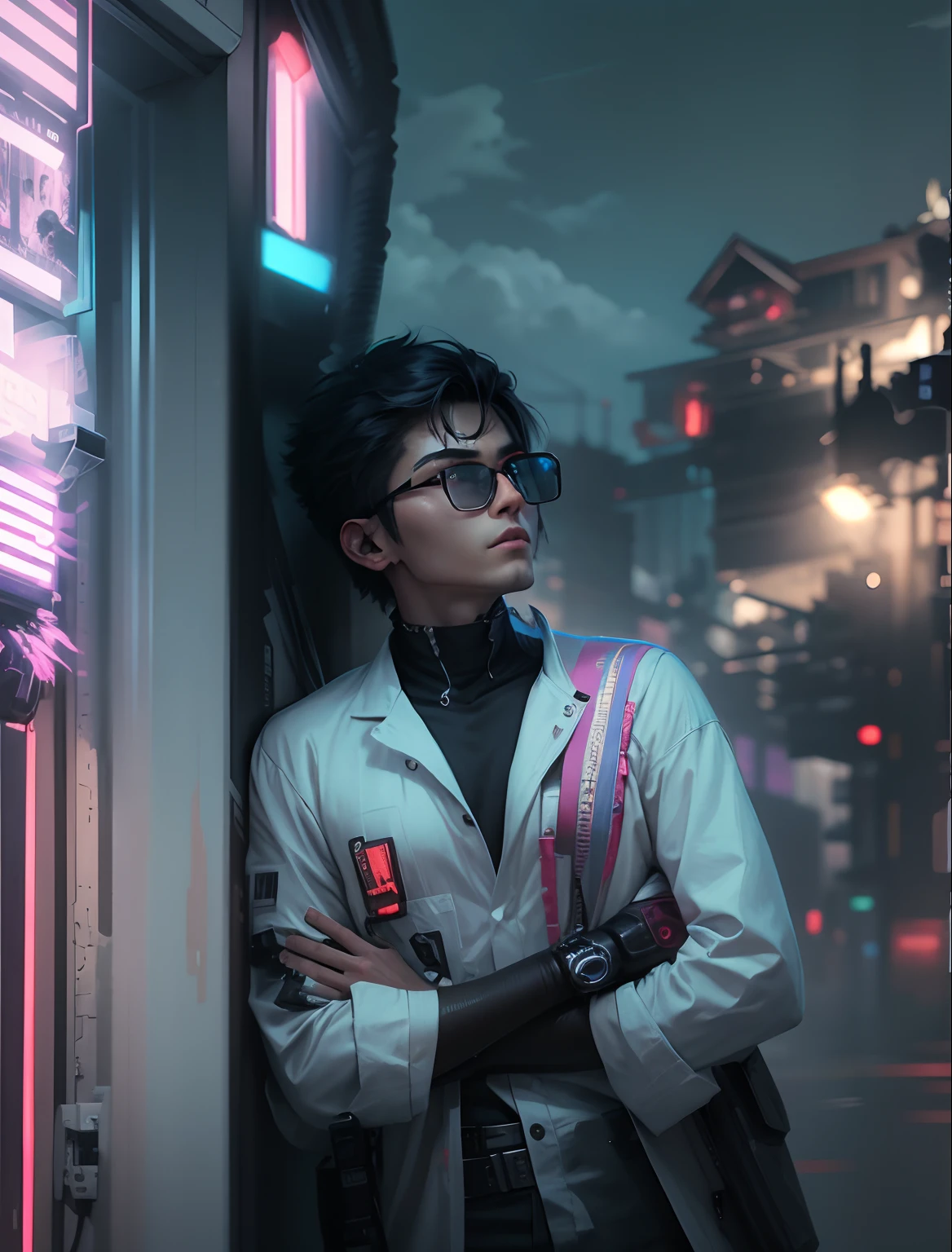 Cheng background handsome boy. Realistic face. Cyberpunk. High quality