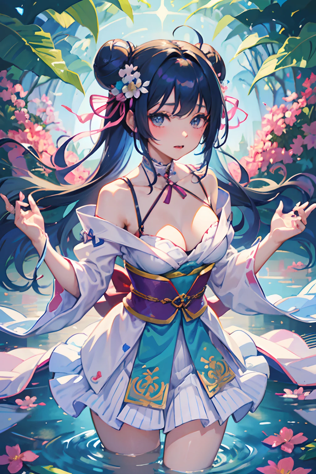 japanaese girl, Smooth and delicate lines, Wearing a glamorous and flowing miniskirt, Miniskirt blue-pink, Shy, Beautiful face, Exquisite makeup, Willow leaf eyebrows, Gentle eyes, Hair in a bun, Wearing a transparent hair ornament in the shape of a flower, Hair blue-pink gradient,Heart-shaped choker、 Butterfly in hand, Graceful and flowing movements, Watercolor style, The image is clean and clear, Qiuying style
