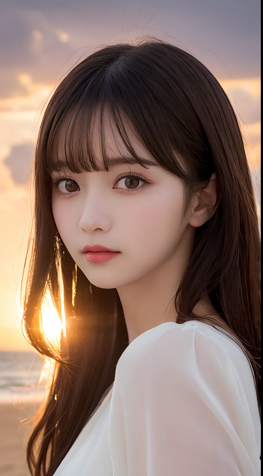 masutepiece, Best Quality, Illustration, Ultra-detailed, finely detail, hight resolution, 8K Wallpaper, Perfect dynamic composition, Beautiful detailed eyes, Wear a dress, Natural Color Lip,Beach, Random and cute poses, flowing bangs, Sunset,small tits,beauty legs,KPOP Idol Face,Perfect and beautiful face,Cute