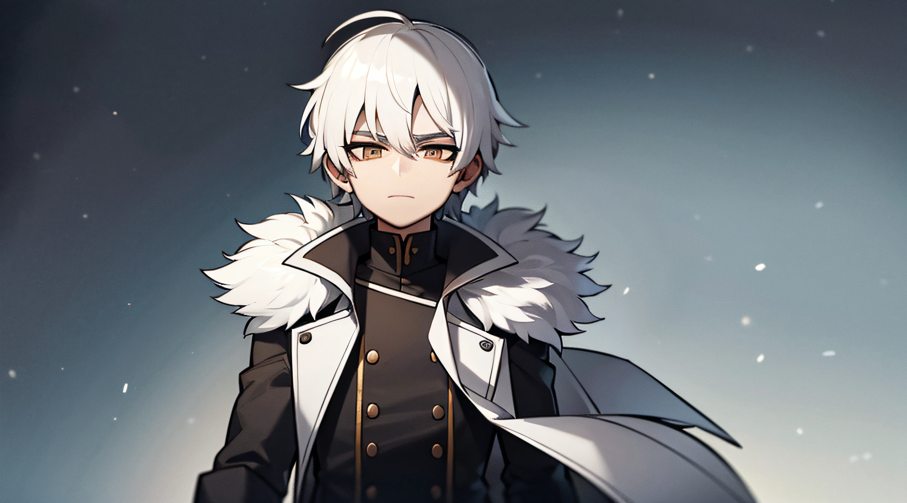 1 man, white hair, wearing a black coat, in snow
