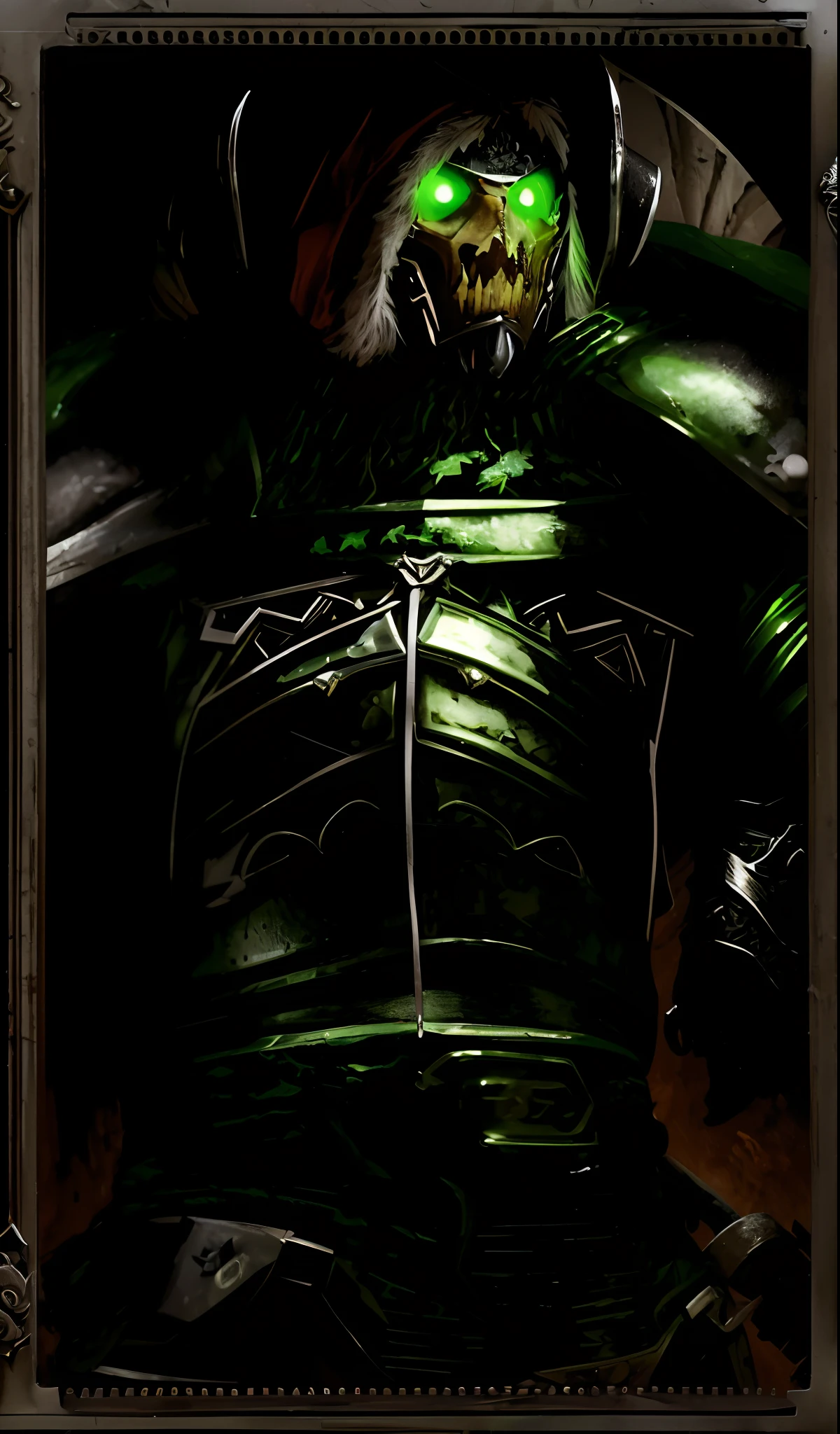 a close up of a person with a green eye in a picture, green armor, the lord of pestilence, portrait of an necromancer, wearing green battle armor, metallic green armor, w 4 0 k, vigo the carpathian, wearing green armor and helmet, ork, skaven, portrait of drizzt do'urden, sotn