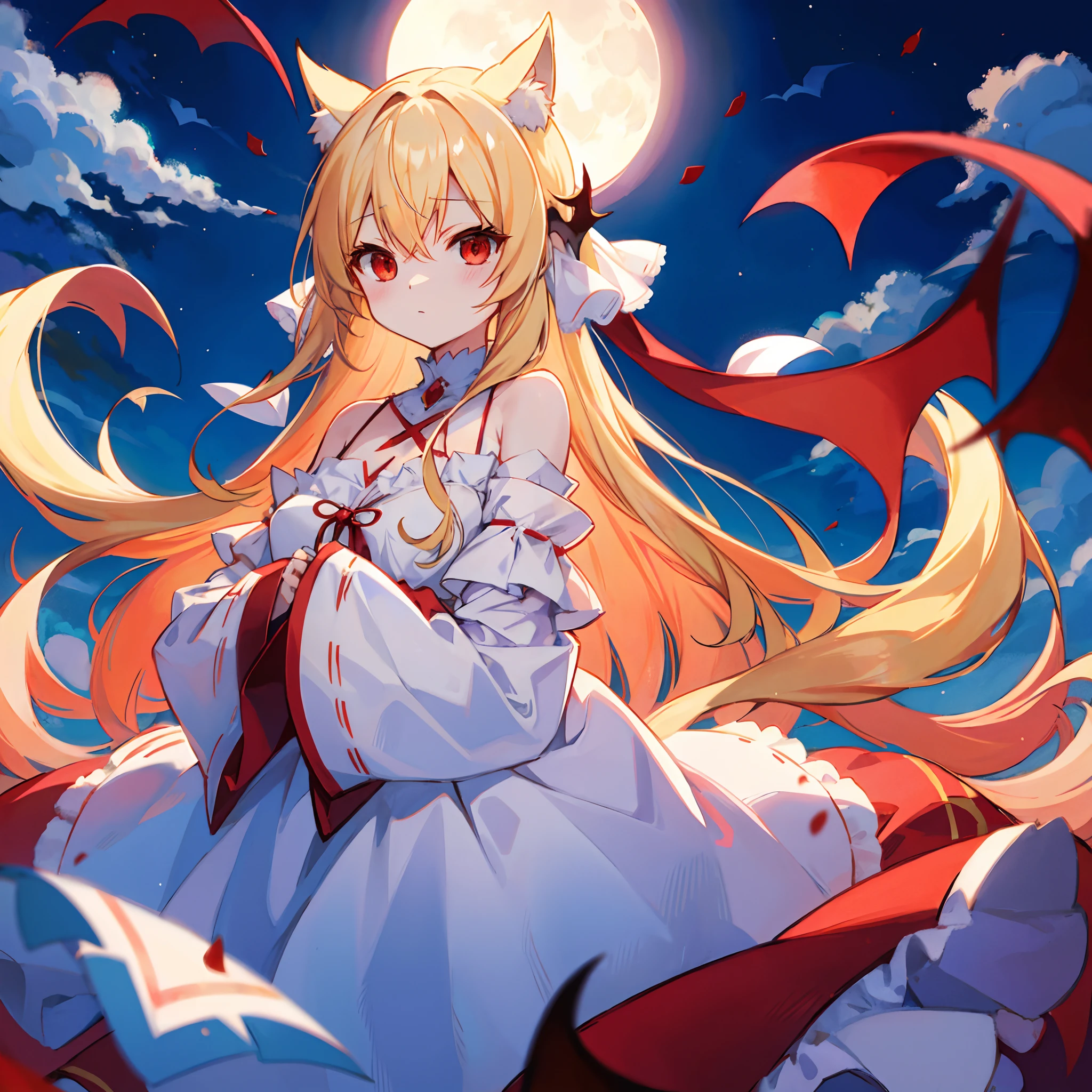 Long Blonde Hair、red eyes、One beautiful vampire girl、Fluffy clothes、off shoulders、a moon、Midnight、