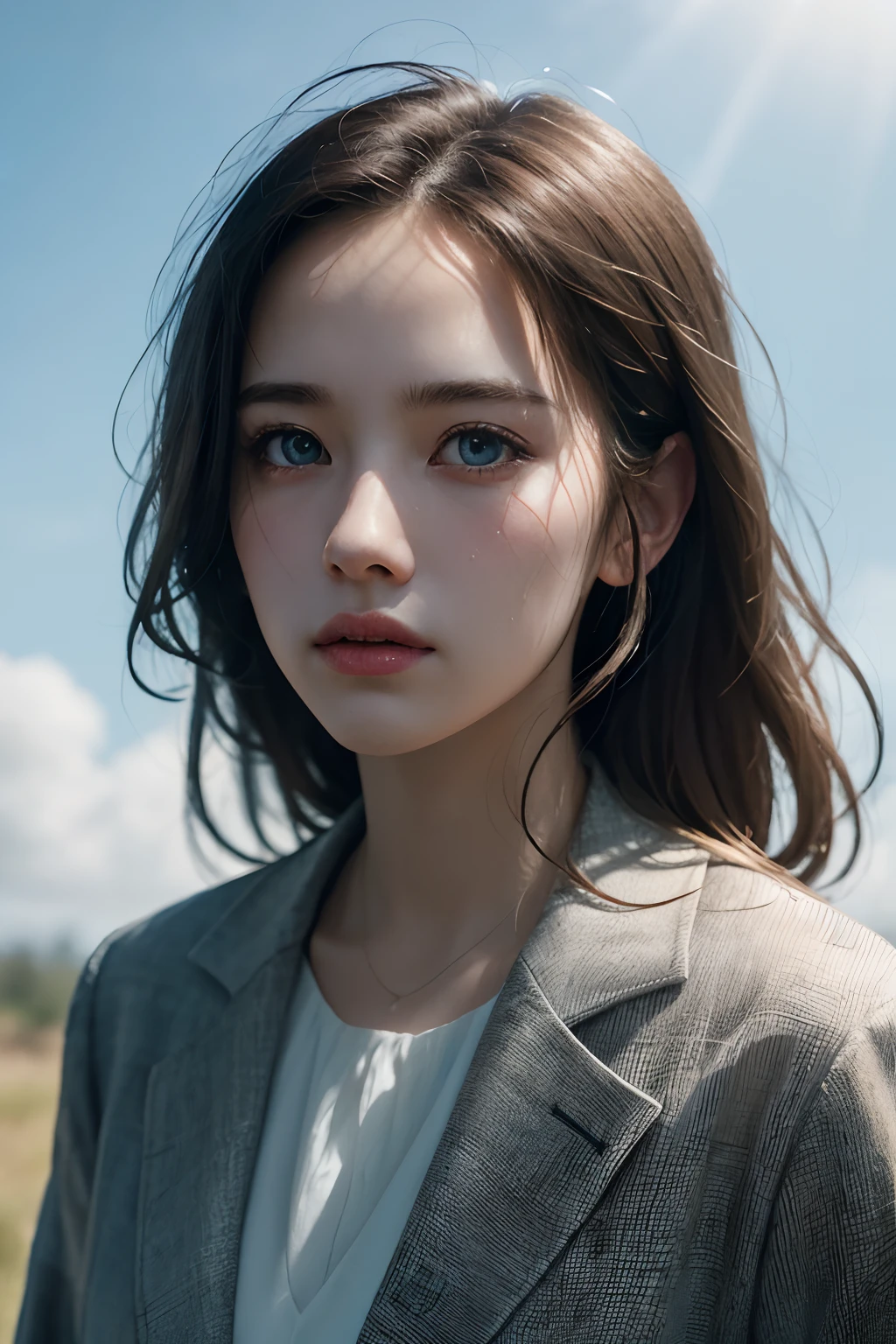 Chiaroscuro, Cinematic lighting, A high resolution, Best quality, 4K, High quality, High details, Super detail, Masterpiece，formal outfit，tall nose bridge，Girl，Messy beauty，with blue sky and white clouds，Dingdall effect，sun light，adolable