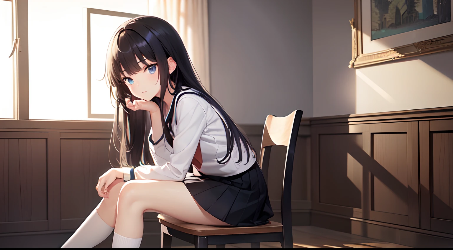 a beautiful , (sit straight ),cute, uniform and skirt, (lustrous and black long hair),(bright eyes) ,gradient eyes, (sun light came in through the windows),(anime style),(CG), atmospheric perspective, masterpiece,((from side)), accurate, ((best quality)), high quality, super detail, high details, anatomically correct, highRes, 1080p