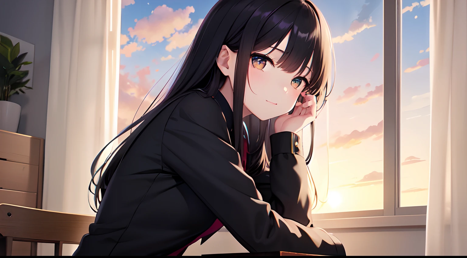 a beautiful , (sit straight ),cute, uniform and skirt, (lustrous and black long hair),(bright eyes) ,gradient eyes, (sun light came in through the windows),(anime style),(CG), atmospheric perspective, masterpiece,((from side)), accurate, ((best quality)), high quality, super detail, high details, anatomically correct, highRes, 1080p