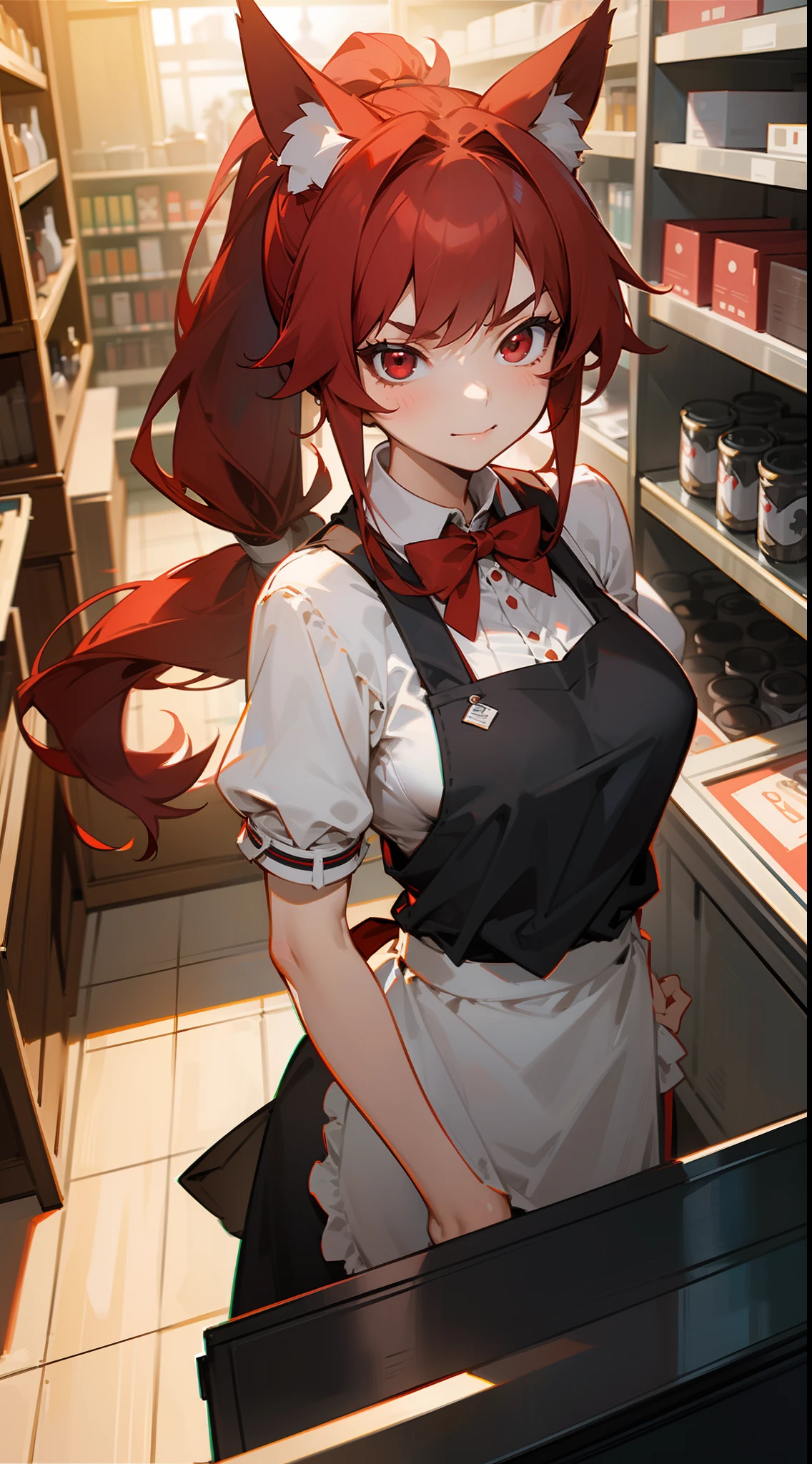 1girl ,20s,serious face,matket outfit,apron,medium tits,red hair,long hair,ponytail,red eyes,fox ears,working in a market with shelves around,front counter,smile