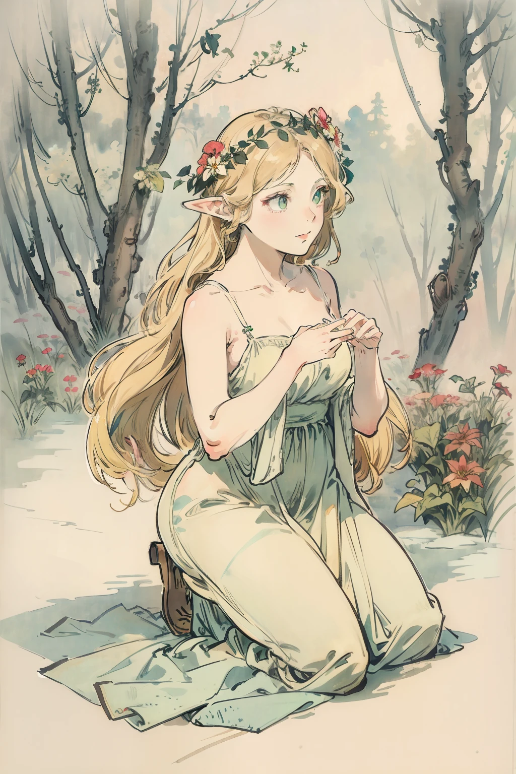 SFW,masutepiece, Best Quality, High resolution, 1girl in, Full body, Details Girl, detail hands, Detail fingers, Detail Face, detail legs, 1girl in, elf, Looking down, Flower Garden, Black sky, smog, watercolor paiting, pale skin, Petite, Blonde hair, Long hair, Wavy Hair, saddened, mournful smile, Green eyes, tareme, medium breasts, white sundress, Bare back, Kneeling, Planting trees