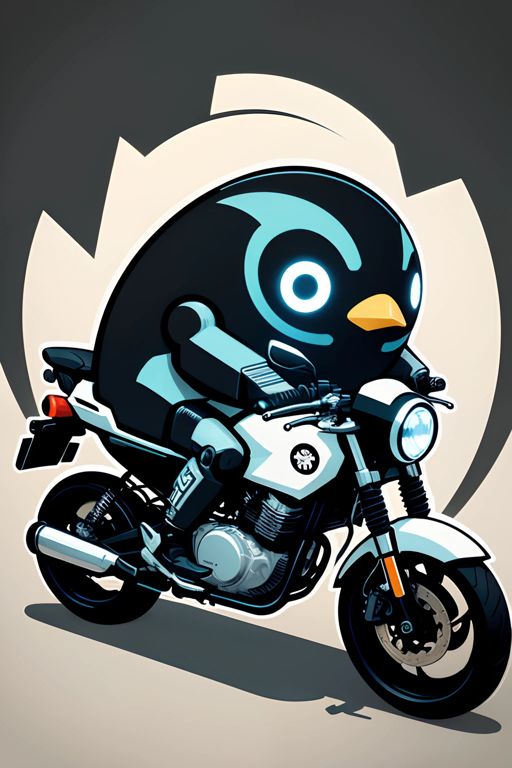 Illustration of robot penguin isolated on black background、a sticker、Bold outline style、Riding a motorcycle、ciber、Light shading