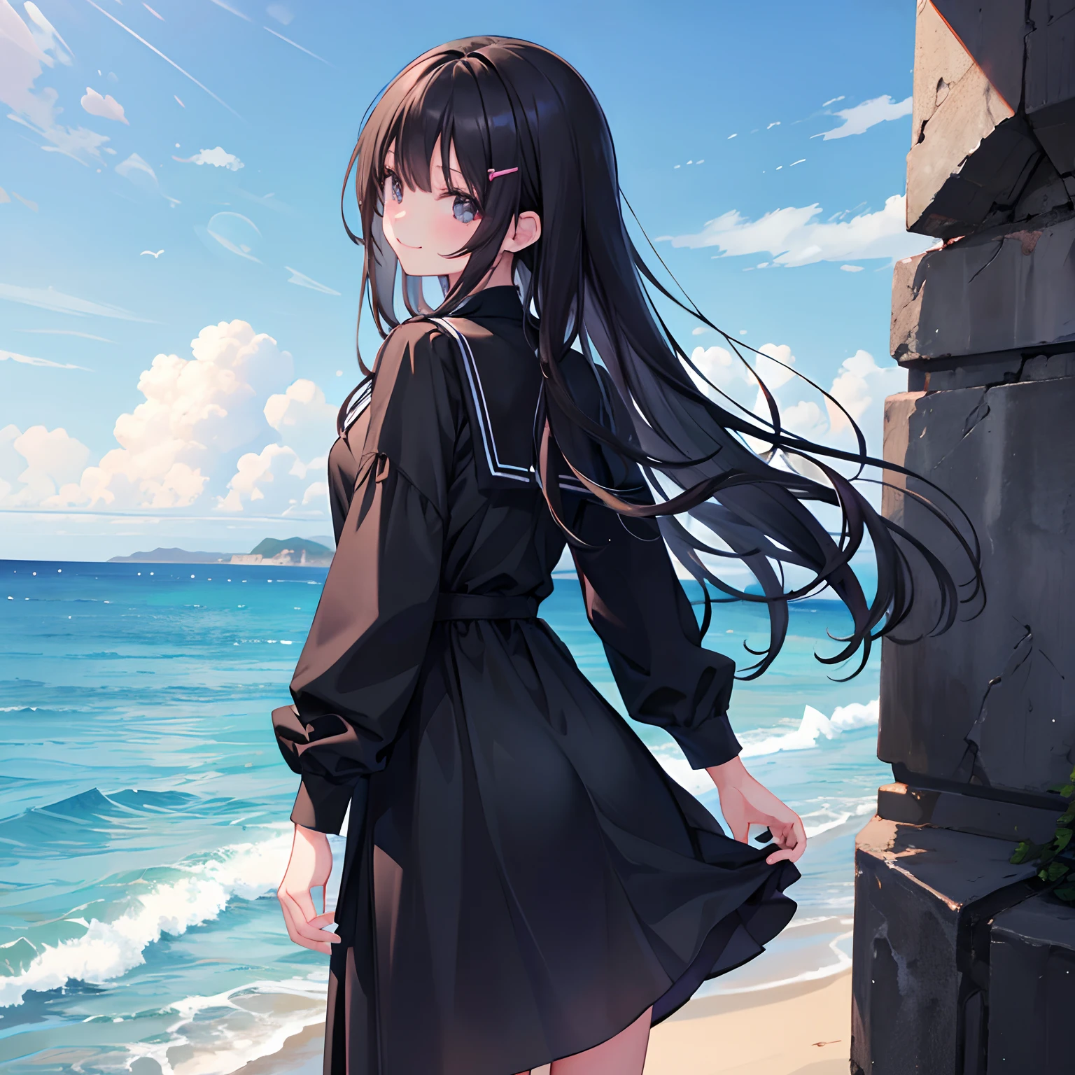 girl with、1 persons、Dark hair、Black eyes、length hair、A smile、校服、Looking at the sea、backshots