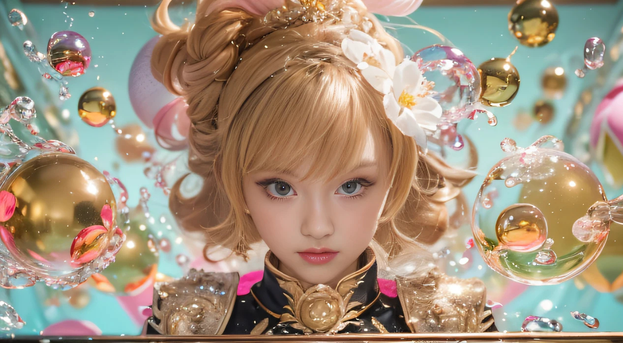 32K(tmasterpiece,k hd,hyper HD,32K)Curly hair with a ball tip,Flowing bubbles,ponds,zydink, a color, Asian people (water sphere), (Colorful bubbles), Combat posture, looking at the ground, Large rolls of rouge bubbles, Flowing rouge curls,Crystal tiara, Chinese long-sleeved black gold garment, Water Goddess(Abstract water splash:1.2), Pink peony flower background,Buble(realisticlying:1.4),Rouge hair,The day is in full swing,The background is pure, A high resolution, the detail, RAW photogr, Sharp Re, Nikon D850 Film Stock Photo by Jefferies Lee 4 Kodak Portra 400 Camera F1.6 shots, Rich colors, ultra-realistic vivid textures, Dramatic lighting, Unreal Engine Art Station Trend, cinestir 800,Large roll bubbles,Flowing bubbles,Colored bubbles that refract light