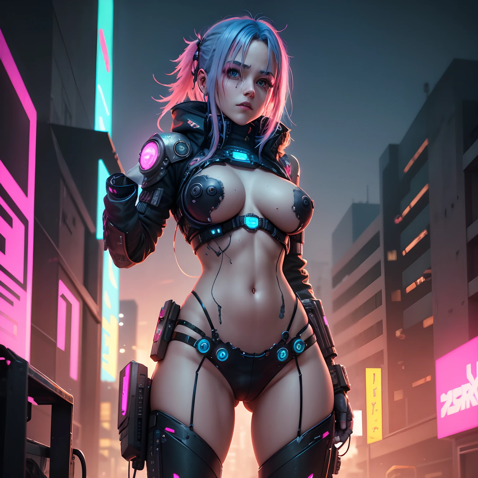 Cyberpunk, damged, wires comeout from boobs and stomach, in sky, future life, lights, pinks, colorfull, highest resolotion, 8K, too much details realstic, blue hair, a part of her face make as a robote