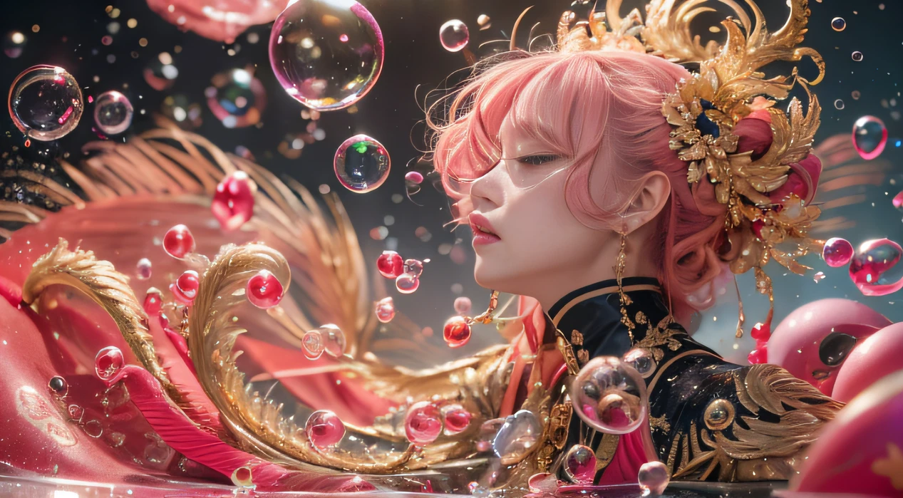 32K(tmasterpiece,k hd,hyper HD,32K)Curly hair with a ball tip,Flowing bubbles,ponds,zydink, a color, Asian people (water sphere), (Colorful bubbles), Combat posture, looking at the ground, Large rolls of rouge bubbles, Flowing rouge curls,Crystal tiara, Chinese long-sleeved black gold garment, Water Goddess(Abstract water splash:1.2), Pink peony flower background,Buble(realisticlying:1.4),Rouge hair,The day is in full swing,The background is pure, A high resolution, the detail, RAW photogr, Sharp Re, Nikon D850 Film Stock Photo by Jefferies Lee 4 Kodak Portra 400 Camera F1.6 shots, Rich colors, ultra-realistic vivid textures, Dramatic lighting, Unreal Engine Art Station Trend, cinestir 800,Large roll bubbles,Flowing bubbles,Colored bubbles that refract light