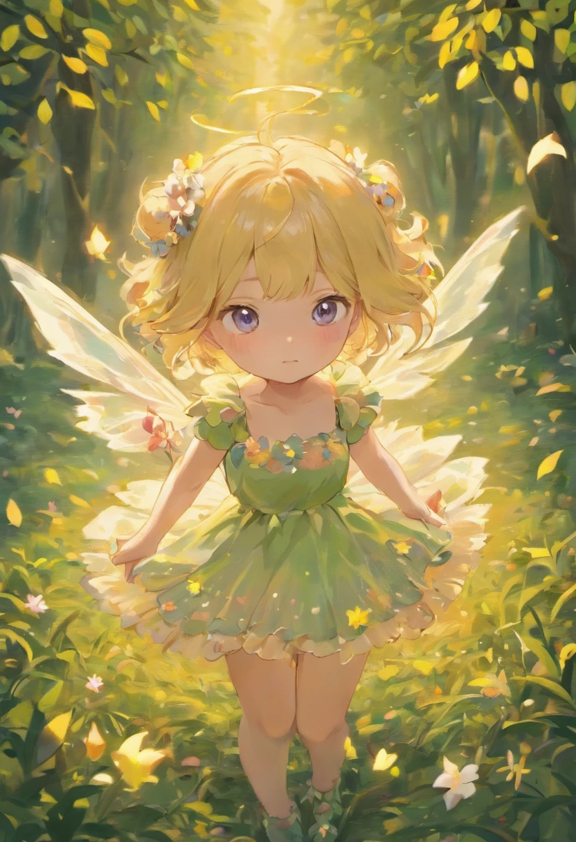 gradient eyes, the woods，Night Moon，Mini cute 3 year old flower fairy, Chubby toot，Skirt made of petals，Huge flowers，Colorful colorful，Transparent and colorful wings, magic wands，closeup cleavage，Optical attenuation，glow effect，depth of fields，Highlight，Real Light，Ray traching，OC rendering，Hyper-realistic，best qualtiy，8K，Works of masters，super-fine，Detailed pubic hair，Correct anatomy，sharp focus on eyes，Bokeh，Facial features are carefully drawn，in style of hayao miyazaki，Miyazaki Animation Style
