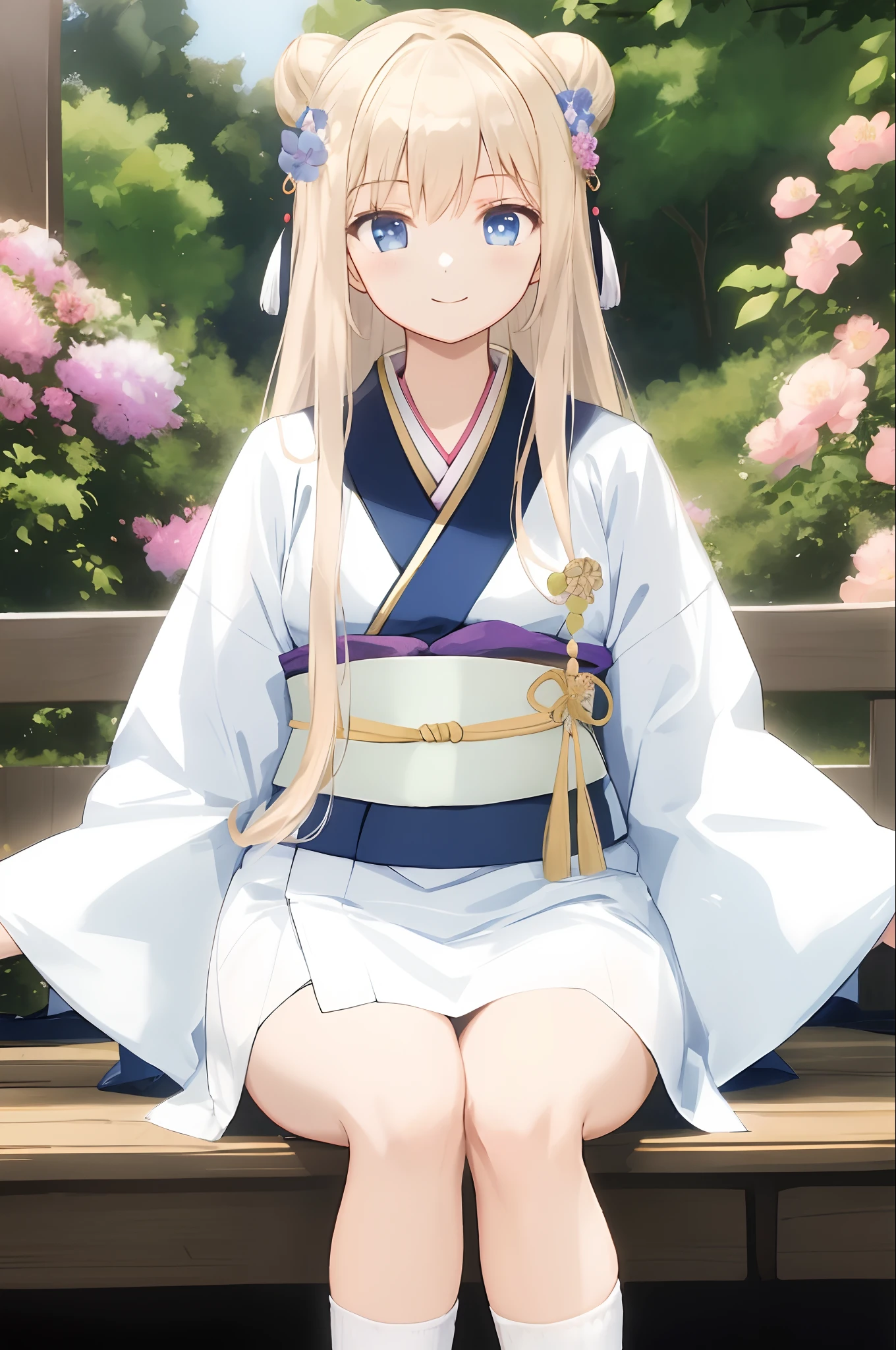 1girl、独奏、Japan clothes、blue eyess、kimono、a blond、sitted、florals、Biscallop、topknot、The long-haired、White kimono、hair adornments、obi、obi、looking at the spectator、florals、sockes、A slight smil、Keep your mouth shut、bushi、long-sleeve、blue flower、pink flowers、Frame of the foot、white sock、short kimono、Sleeves on wrists、bangss
