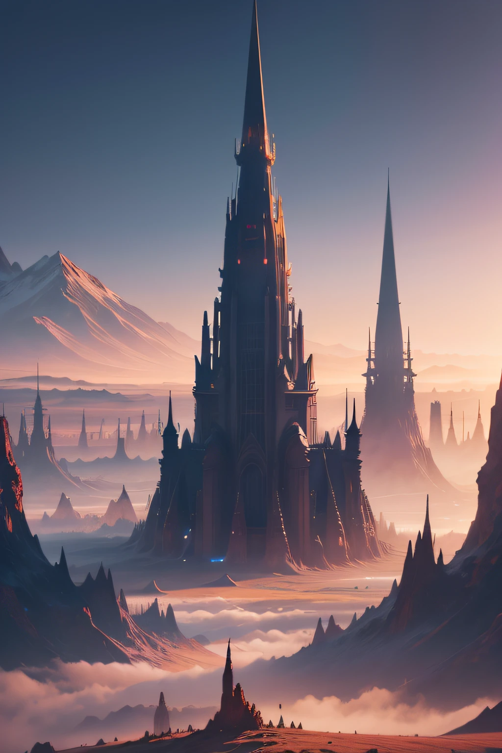 valley with hundreds of giant spires touching the sky on an alien world