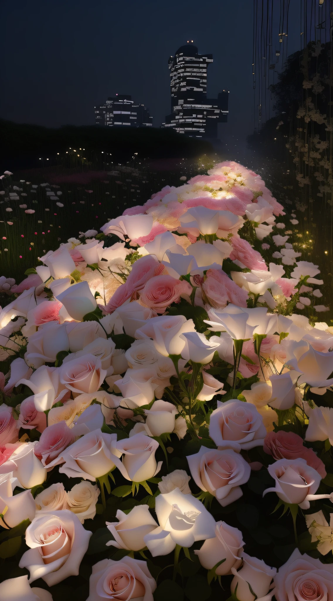 The flowers are in the middle of the lamp field, 🌺 CGSesociety, field of flowers at night, roses in cinematic light, illusory engine ; romantic motifs, Luminous flowers, blossoming path to heaven, lights with bloom, Glowing flowers, an aesthetic field of flowers, ross tran. scenery background, very magical and dreamy, humanoids overgrown with flowers, dreamy aesthetic
