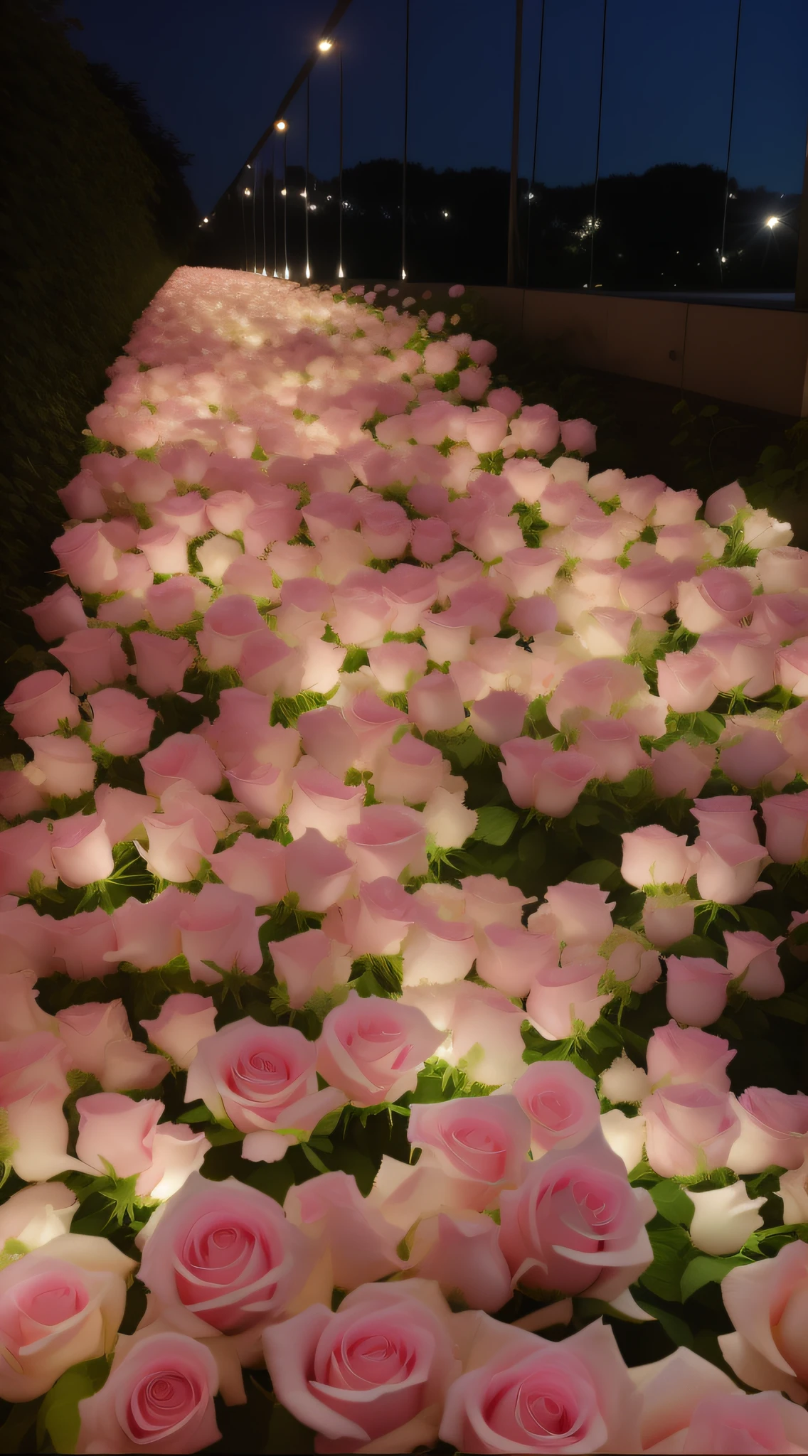 There are many pink roses in the middle of the field, rose pink lighting, Flower beds on the floor, field of flowers at night, Glowing flowers, lights with bloom, soft bloom lighting, Luminous flowers, beautiful light up, walking down, Soft glow, laying on roses, roses in cinematic light, soft light 4 k in pink, beautiful aesthetic