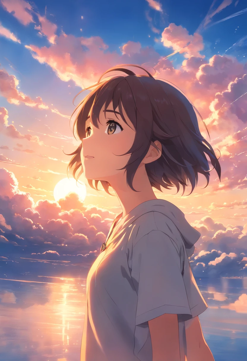 masterpiece, best quality, movie still, 1girl, cloud girl, floating in the sky, close-up, bright, happy, warm soft lighting, sunset, (sparks:0.7)
