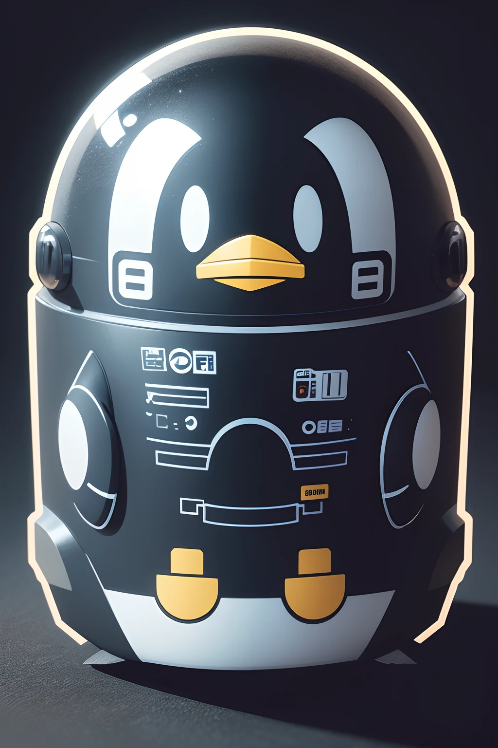 Illustration of robot penguin isolated on black background、a sticker、Bold outline style、rides a bike、ciber、Light shading