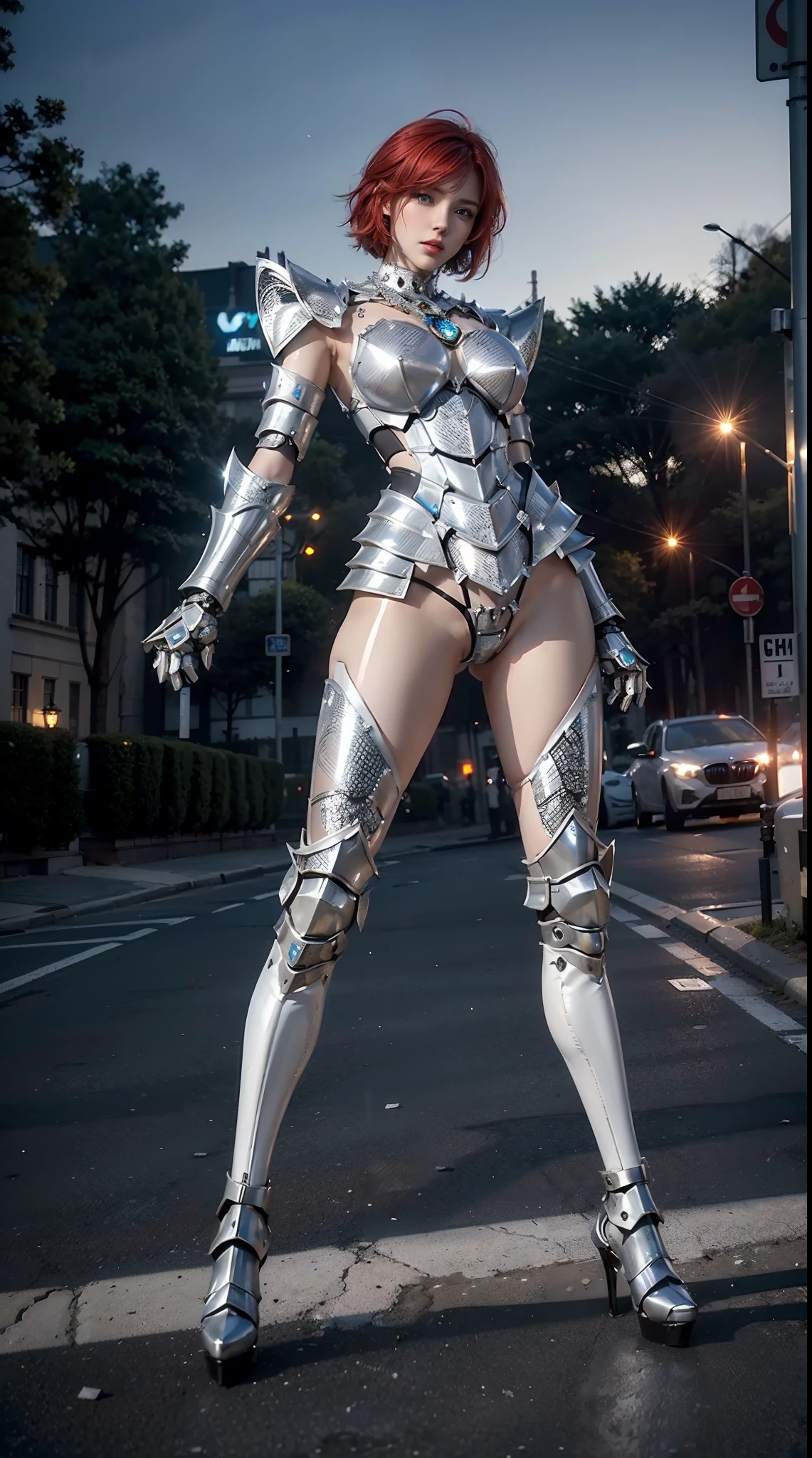 ((Masterpiece, Best quality)), (1girll), (Solo), (female focus), Fiery red hair,short detailed hair,Stunning face,beautidful eyes,The sci-fi city of the future,nighttime scene,The lights of the city are brilliant and colorful,Cable-stayed bridges,Girl standing at the top of the bridge,Standing against the wind,Put on mechanical armor ,Portate"bmw" logo,Silver-white and mechanical armor,Detailed and complex mechanical armor,Mecha set with diamond jewelry,Dazzling,((Beautiful mechanical armor:1.5)),Cowboy fighting pose,Exposing the brain,Full body photo
