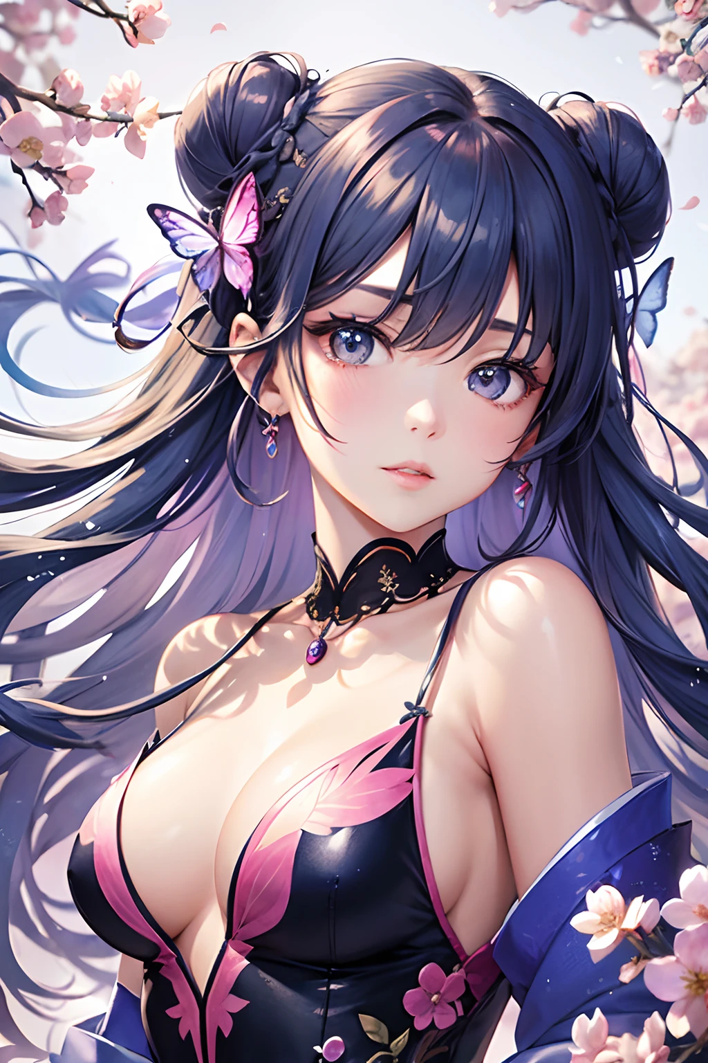japanaese girl, Smooth and delicate lines, Wearing a glamorous and flowing miniskirt, Miniskirt blue-pink, Shy, Beautiful face, Exquisite makeup, Willow leaf eyebrows, Gentle eyes, Hair in a bun, Wearing a transparent hair ornament in the shape of a flower, Hair blue-pink gradient,Heart-shaped choker、 Butterfly in hand, Graceful and flowing movements, Watercolor style, The image is clean and clear, Qiuying style