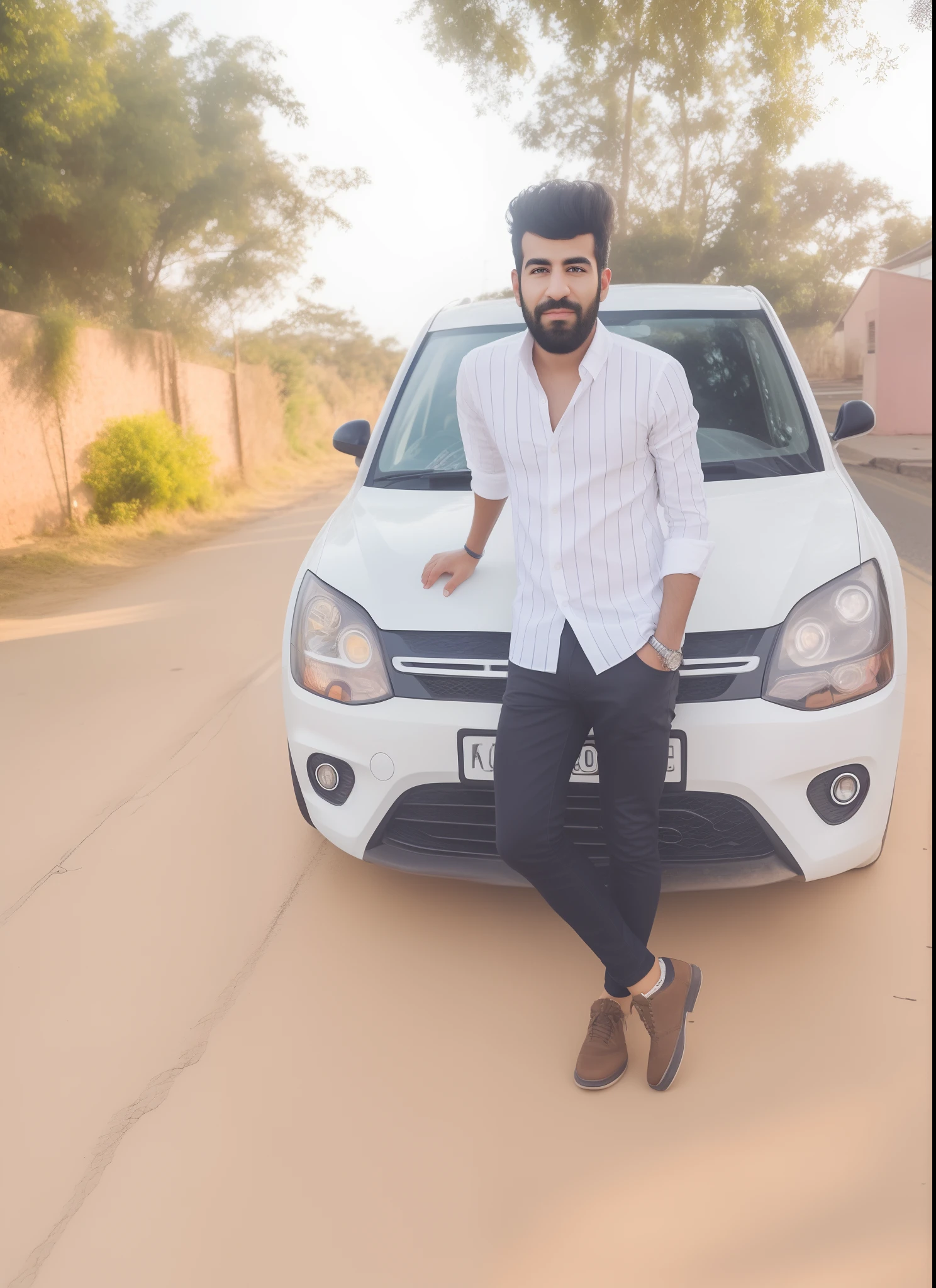 arafed man standing next to a white car in a surface road, edited in photoshop, full body photogenic shot, stylish pose, very very high quality picture, taken with sony alpha 9, candid picture, very artistic pose, taken with sony a7r camera, standing in road, full body photograph, taken with the best dlsr camera, with lovely look, ultra realistic face, hyperrealistic, hyperdetailed, masterpiece, photorealistic, beautiful face, pretty face mesh, ultra detailed face, ultra detailed background, white shirt, tight black jeans, black shoes, beautiful hair, detailed hair, sharpen, stylish hair, stylish beard,