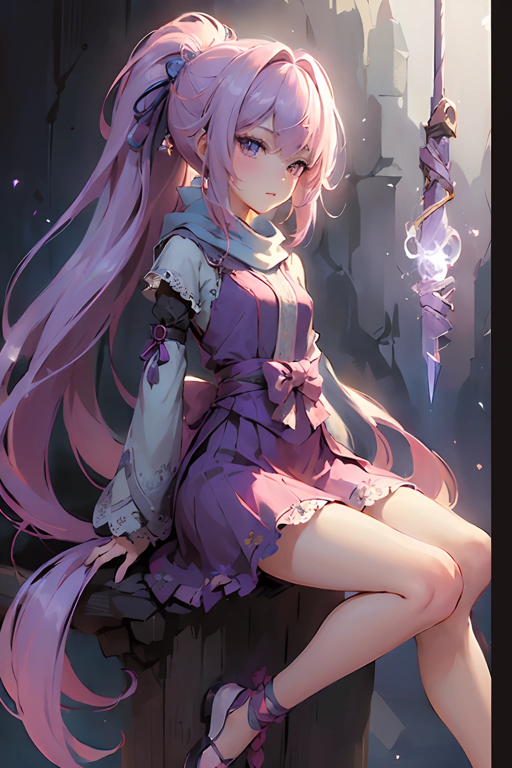 (((​masterpiece)))、(((top-quality)))、((ultra-detailliert))、(highly detailed CGillustration)、Cinematic Light、intricate detailes、
full body Esbian、Chibi、
1girl in, Pink hair, poneyTail, a purple eye, (ninjartist), short sword, Medium Mud ,scarf, wall-paper, magic circle background, Particles of light, blue fire,