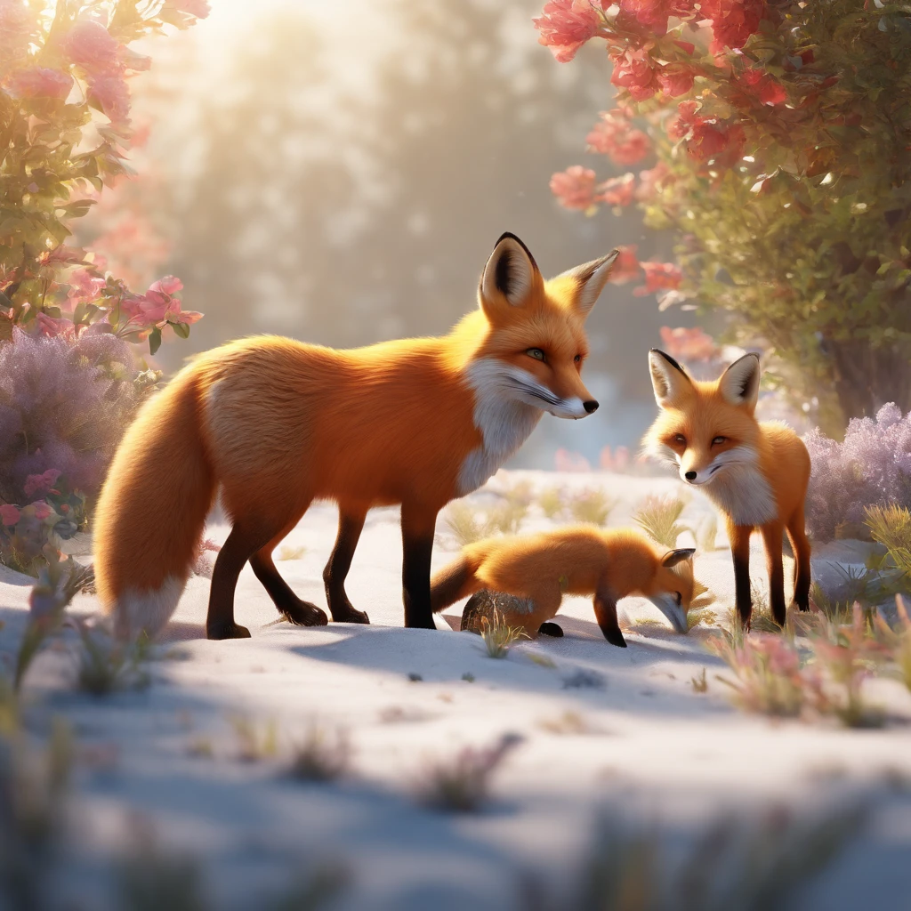 Design a scene where the fox encounters a herd of young bulls grazing peacefully. Capture the tension and fear as the fox approaches one of the calves, style Disney.