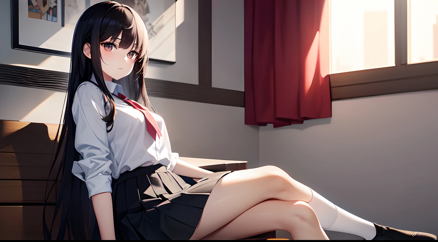 a beautiful junior high school student, (sit straight ),cute, uniform and skirt, (lustrous and black long hair),(bright eyes) ,gradient eyes, (sun light came in through the windows),(anime style),(CG), atmospheric perspective, masterpiece,((from side)), accurate, ((best quality)), high quality, super detail, high details, anatomically correct, highRes, 1080p