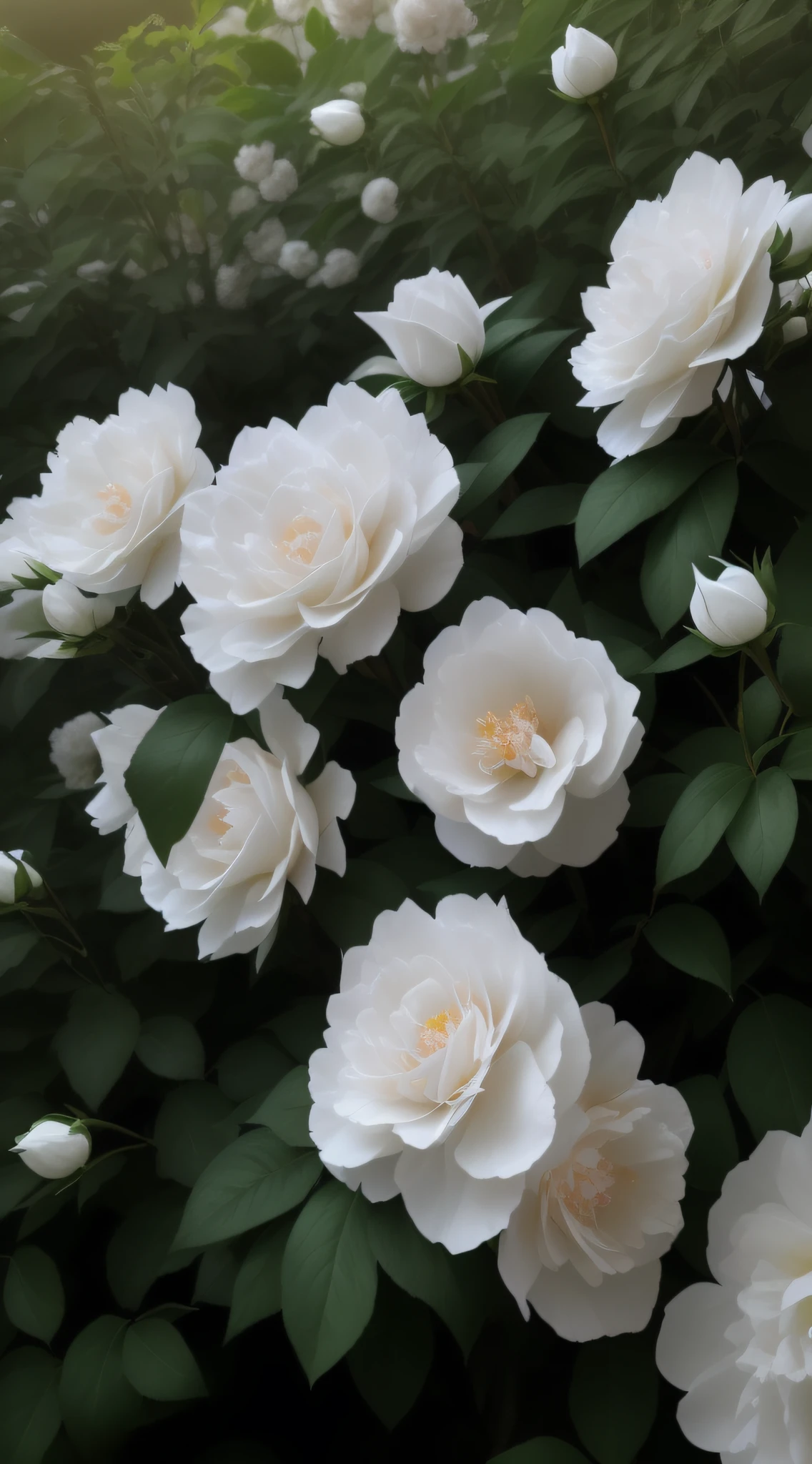 Many white flowers grow in the bushes, with soft bushes, White roses, soft white glow, White flowers, large opaque blossoms, soft flowers, flowers blooming, Many peonies, rosette, Blooming flowers, roses in cinematic light, huge flower, Peonies, beautiful flowers growing, inspired by Frederick Goodall, Beautiful large flowers, surrounded flower