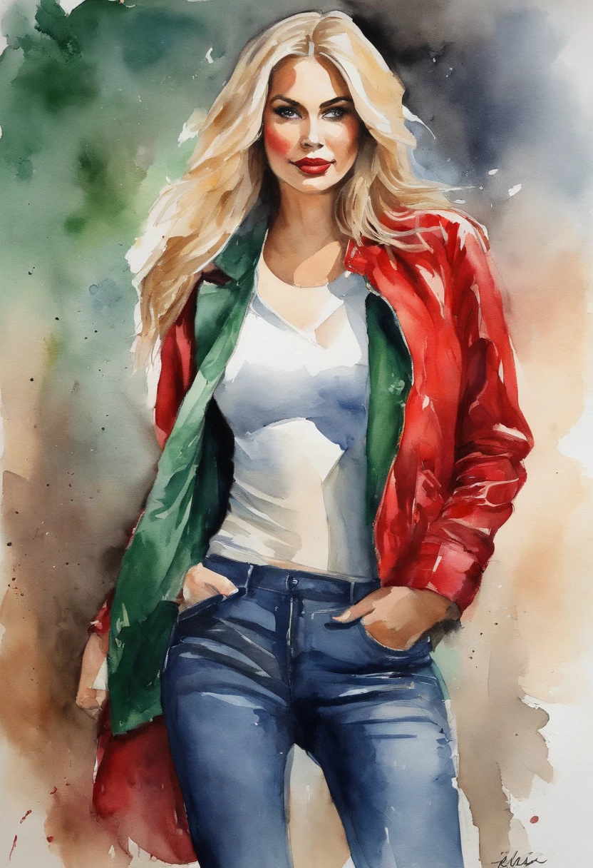 A painting of a woman in jeans and a red jacket - SeaArt AI