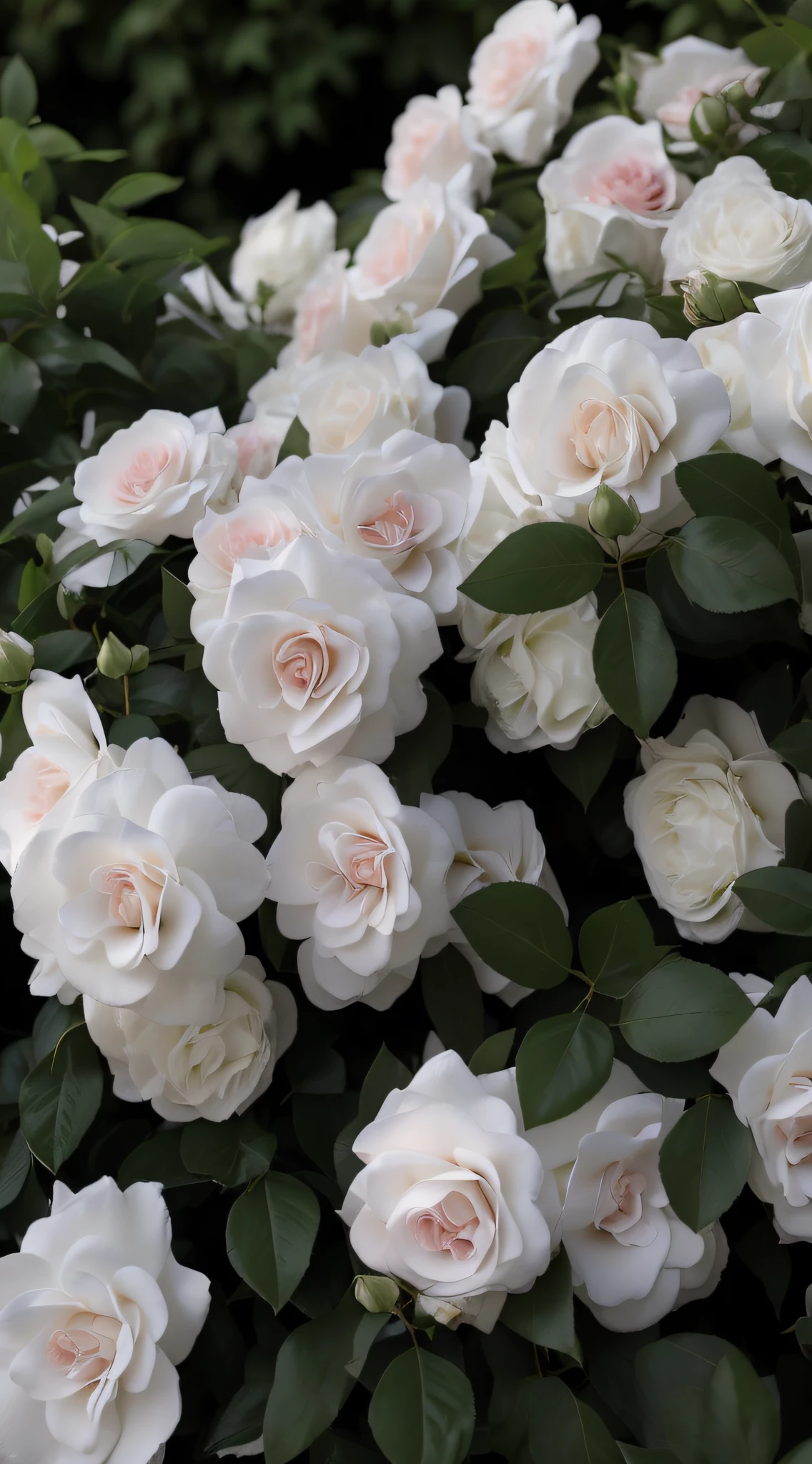There is a cluster of white flowers，The center is pink, with soft bushes, White roses, White flowers, soft white glow, light cream and white colors, with white, rosette, Beautiful flowers, full bloom, Rozen Maiden, Blooming flowers, natural point rose', flowers blooming, beautiful flowers growing, Just beautiful, with a white, white and pink, beautifully bright white