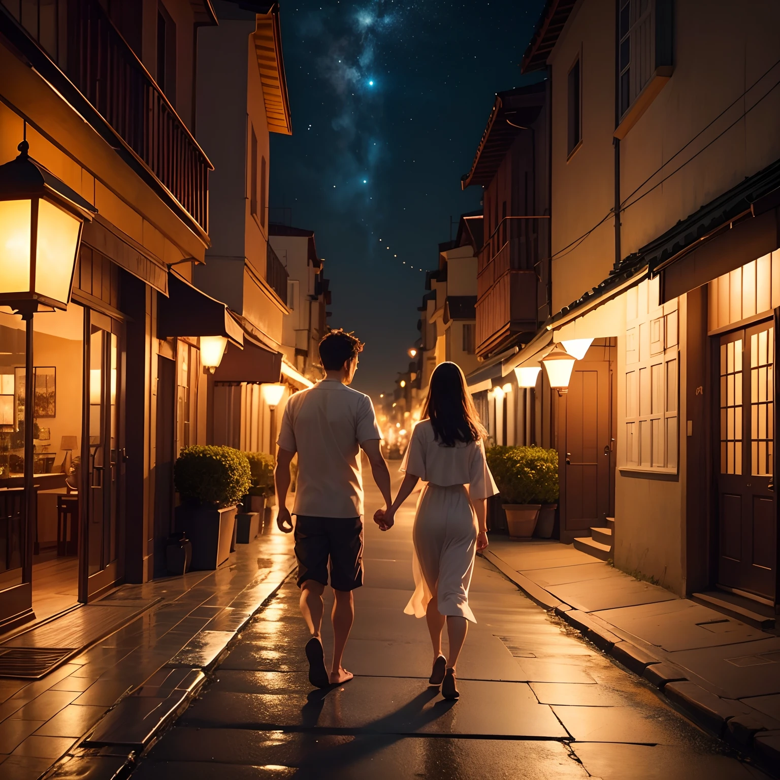 The illustration portrays two individuals in a long-distance relationship, separated by a vast ocean. On one side, there is a vibrant, bustling metropolis with skyscrapers aglow in the evening. The cityscape is filled with the energy of people and vehicles moving about. On the other side, there is a quaint coastal village with a golden sunset casting a warm glow. The village is serene, with a tranquil beach and a lighthouse standing tall in the background.

In the urban setting, a person stands on a rooftop, surrounded by the city's hustle and bustle. They hold a handwritten letter in their hand, their face illuminated by the soft glow of a streetlamp. Their expression reflects a mix of longing and hope. They release a paper airplane from their hand, symbolizing their message of love and hope soaring across the distance.

In the coastal village, their partner stands on the tranquil beach, facing the horizon. The golden sunset bathes them in a warm glow. Their expression also reflects longing and determination. They release a floating lantern onto the water, symbolizing their message of love and hope floating across the ocean.

Above the two locations, a night sky filled with constellations adds a touch of magic. A bright star perfectly aligns between the two places, symbolizing their unbreakable bond.

To convey the contrasting atmospheres, the cityscape is depicted with vibrant colors and dynamic lighting, showcasing the energy and liveliness. The coastal village is portrayed with softer, warmer tones, emphasizing the tranquility and peace found there.

The emotions etched on their faces and the determination in their eyes are emphasized, highlighting their unwavering commitment and belief in their love, even in the face of distance and challenges.