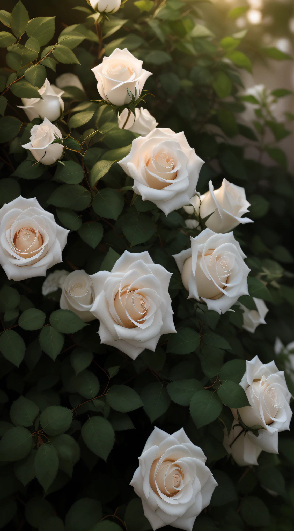 Many white roses grow in the leafy bushes, with soft bushes, White roses, roses in cinematic light, rosette, nature and floral aesthetics, photo taken with canon 5d, flowers blooming, soft white glow, Blooming flowers, alexey egorov, taken with sony alpha 9, full bloom, soft flowers, Soft glow, rose twining