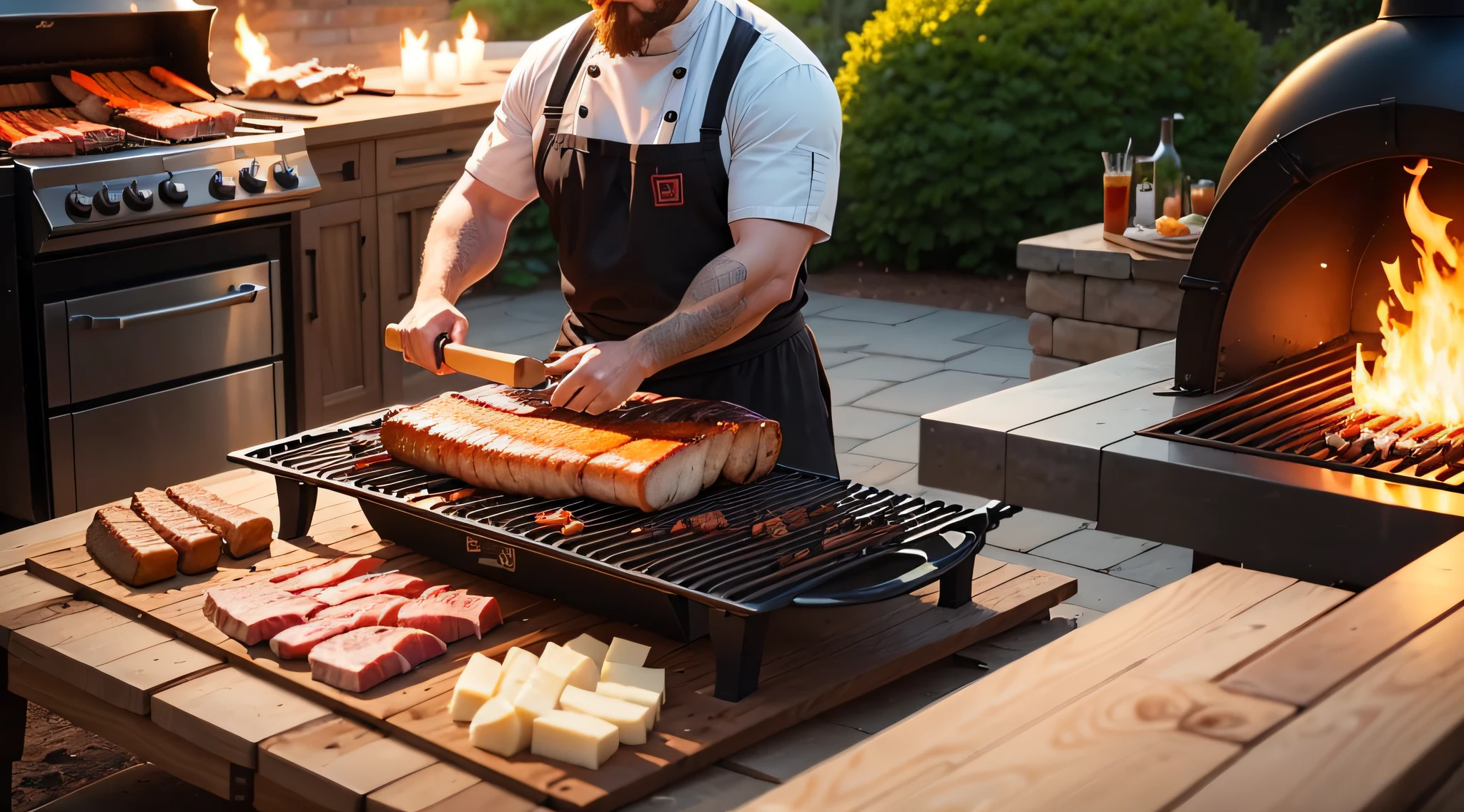 Generate a captivating YouTube cover image in widescreen format. The scene should showcase a blond, bearded barbecue chef, surrounded by an outdoor barbecue setup. The chef is seen in action, skillfully placing various cuts of meat onto the grill grates, while the embers beneath the grill glow brightly. The image should convey the essence of outdoor cooking, capturing the chef's passion and expertise in a visually striking and inviting way. Ensure that the composition fits perfectly as a YouTube cover image, with a focus on detail and vibrant, warm colors that evoke the feeling of a barbecue feast.