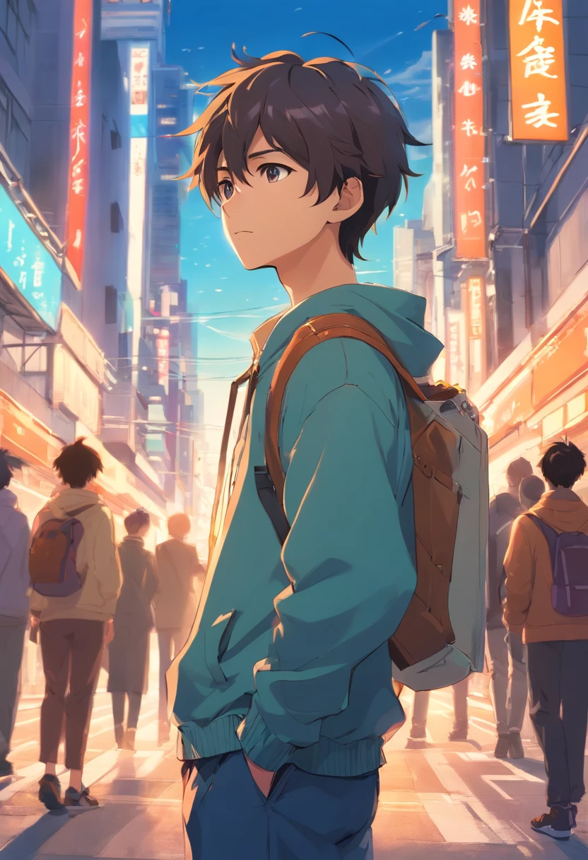 A boy, transformed into an anime style, with exaggerated unique facial features and clothing, standing on a bustling city street, backlit background highlighting the subject, high-contrast colors, 4K high-definition quality，young, smiling, handsome