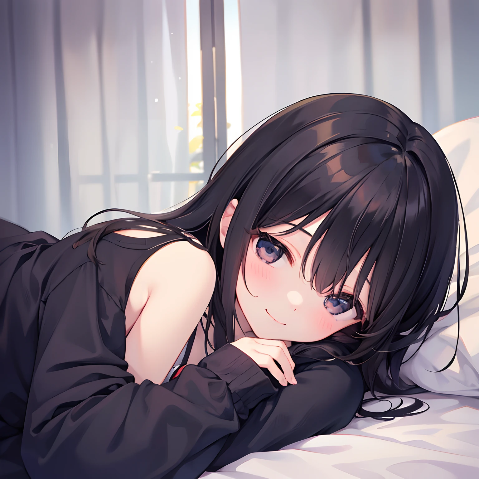blac hair, A dark-haired、(Pink eyes,) Blunt bangs, Cat's ears、long、 Shoulder to shoulder, Black skirt, (Blue sweater:1.5), Long sleeves, off shoulders, off-the-shoulder sweater, Puffy sleeves, Skirt, Sweaters, White ribbon,Sauce order、Small face on the bed、Lying down、The upper part of the body、Looking up at BREAK (masutepiece:1.2), Best Quality, High resolution, Unity 8k壁纸, (Illustration:0.8), (Beautiful detailed eyes:1.6), extra detailed face, Perfect Lighting, extremely details CG, (Perfect hands, Perfect Anatomy),