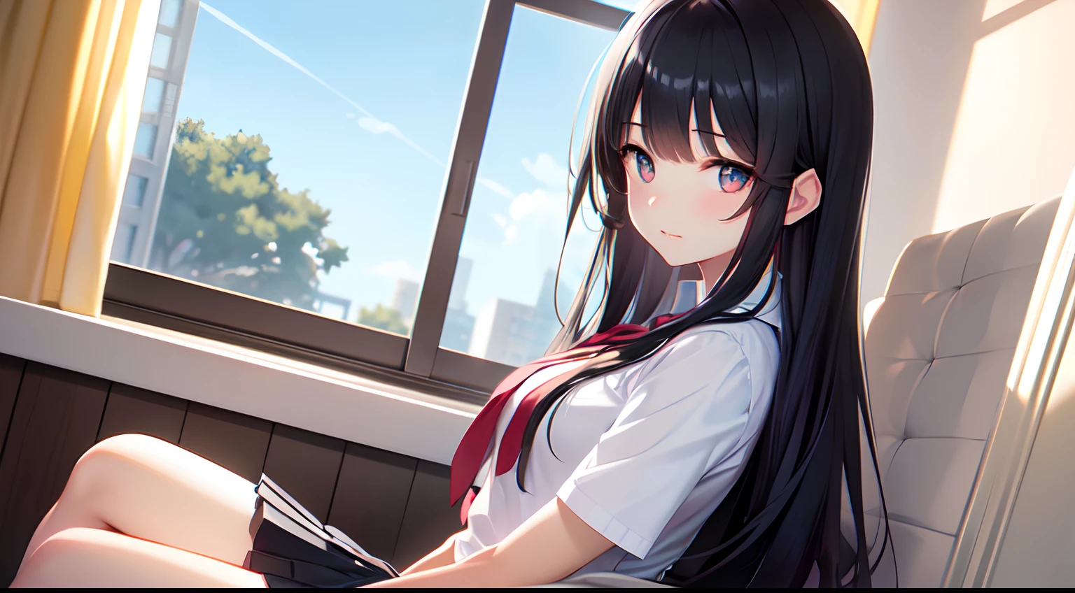 a beautiful junior high school student, (sit straight ),cute, uniform and skirt, (lustrous and black long hair),(bright eyes) ,gradient eyes, (sun light came in through the windows),(anime style),(CG), atmospheric perspective, masterpiece,((from side)), accurate, ((best quality)), high quality, super detail, high details, anatomically correct, highRes, 1080p