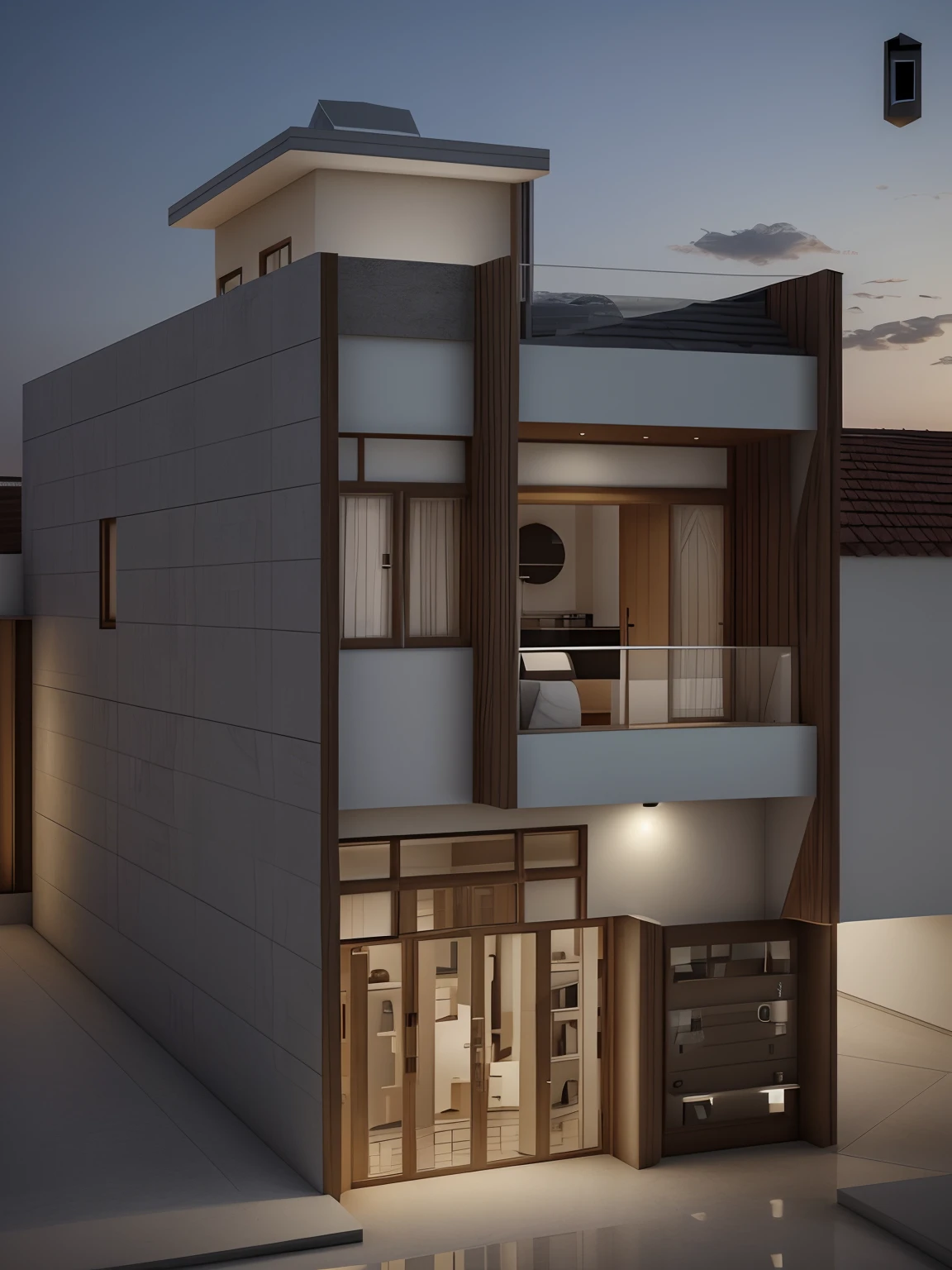 Vista ararfed de uma casa moderna com uma passarela e uma passarela, um render 3D inspirado em Tadao Ando, Vencedor do concurso CG Society, Bauhaus, Casa Conceito, architecture rendering, architectural render, finalrender, 3 d renders, 3D rendering, 3D-rendering, 3d final render, 3 d finalrender, 3d final render, high detail render