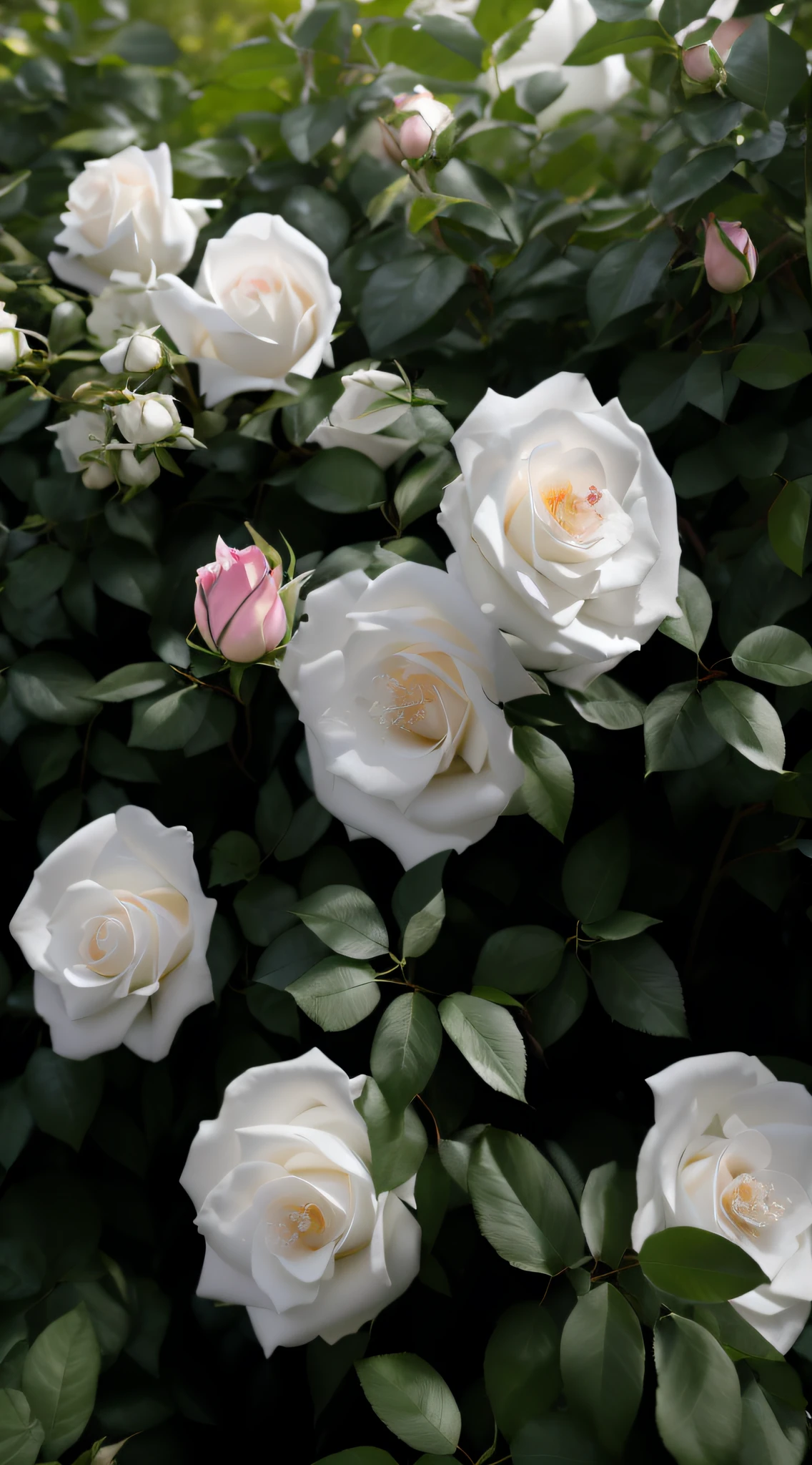 Many white roses grow in the leafy bushes, roses in cinematic light, White roses, in a cottagecore flower garden, [ 4 K photorealism ], surrounded flower, flowers blooming, with soft bushes, rosette, beautiful flowers growing, shot with sony alpha 1 camera, White flowers, Blooming flowers, Beautiful large flowers, natural point rose'