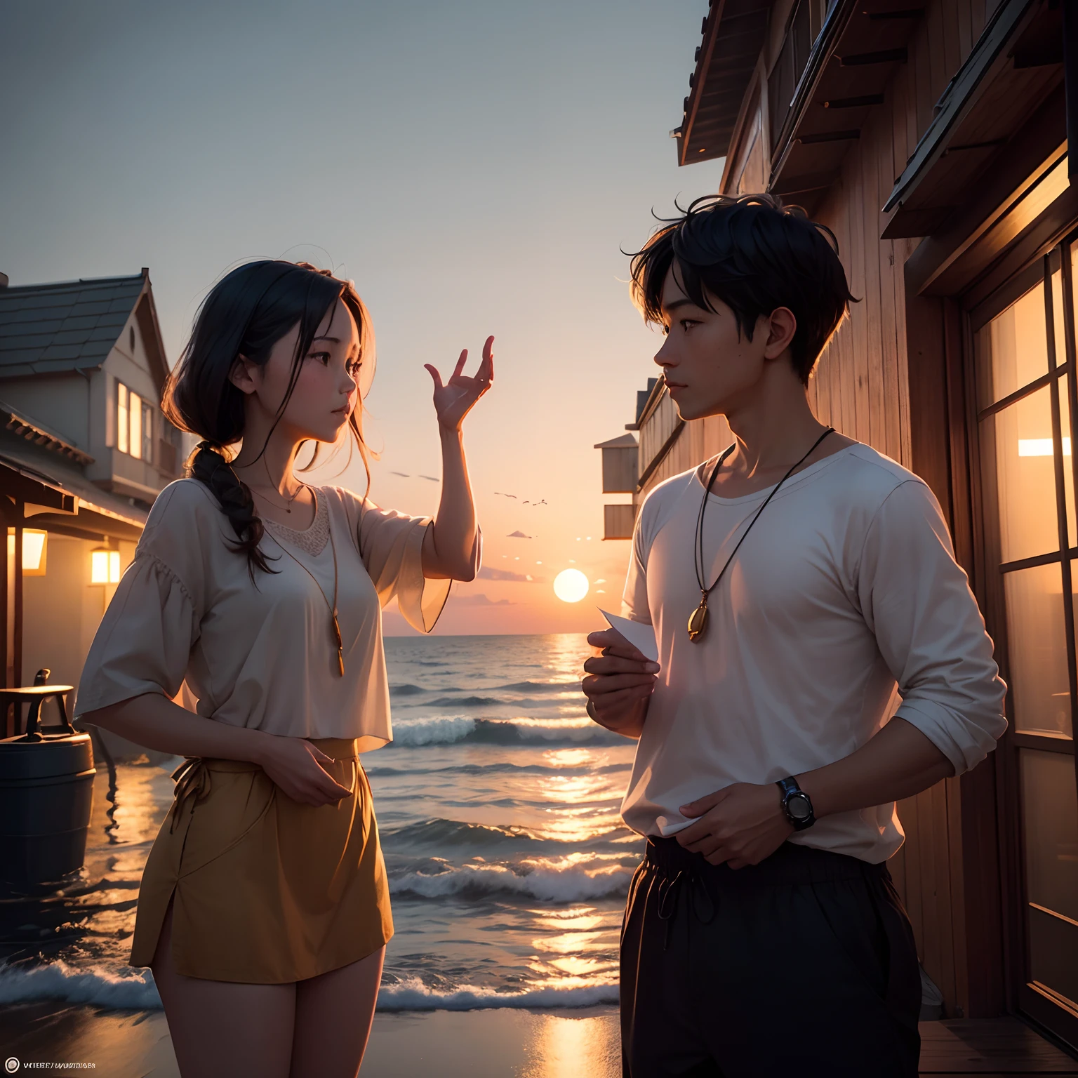 The illustration portrays two individuals in a long-distance relationship, separated by a vast ocean. On one side, there is a vibrant, bustling metropolis with skyscrapers aglow in the evening. The cityscape is filled with the energy of people and vehicles moving about. On the other side, there is a quaint coastal village with a golden sunset casting a warm glow. The village is serene, with a tranquil beach and a lighthouse standing tall in the background.
In the urban setting, a person stands on a rooftop, surrounded by the city's hustle and bustle. They hold a handwritten letter in their hand, their face illuminated by the soft glow of a streetlamp. Their expression reflects a mix of longing and hope. They release a paper airplane from their hand, symbolizing their message of love and hope soaring across the distance.
In the coastal village, their partner stands on the tranquil beach, facing the horizon. The golden sunset bathes them in a warm glow. Their expression also reflects longing and determination. They release a floating lantern onto the water, symbolizing their message of love and hope floating across the ocean.
Above the two locations, a night sky filled with constellations adds a touch of magic. A bright star perfectly aligns between the two places, symbolizing their unbreakable bond.
To convey the contrasting atmospheres, the cityscape is depicted with vibrant colors and dynamic lighting, showcasing the energy and liveliness. The coastal village is portrayed with softer, warmer tones, emphasizing the tranquility and peace found there.
The emotions etched on their faces and the determination in their eyes are emphasized, highlighting their unwavering commitment and belief in their love, even in the face of distance and challenges.